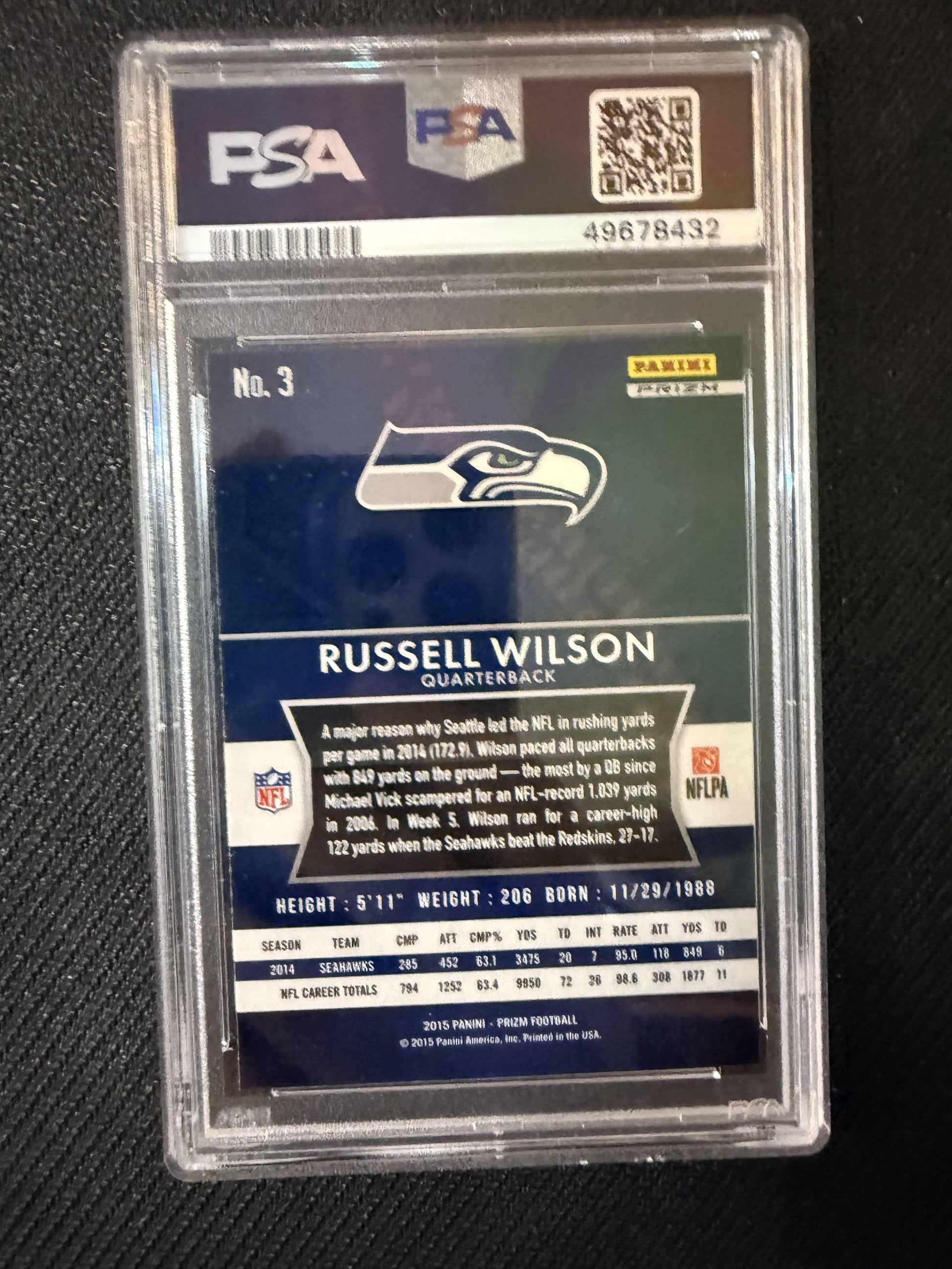 #3 Russell Wilson 2015 Panini Prizm Seattle Seahawks sports Red, White, and Blue