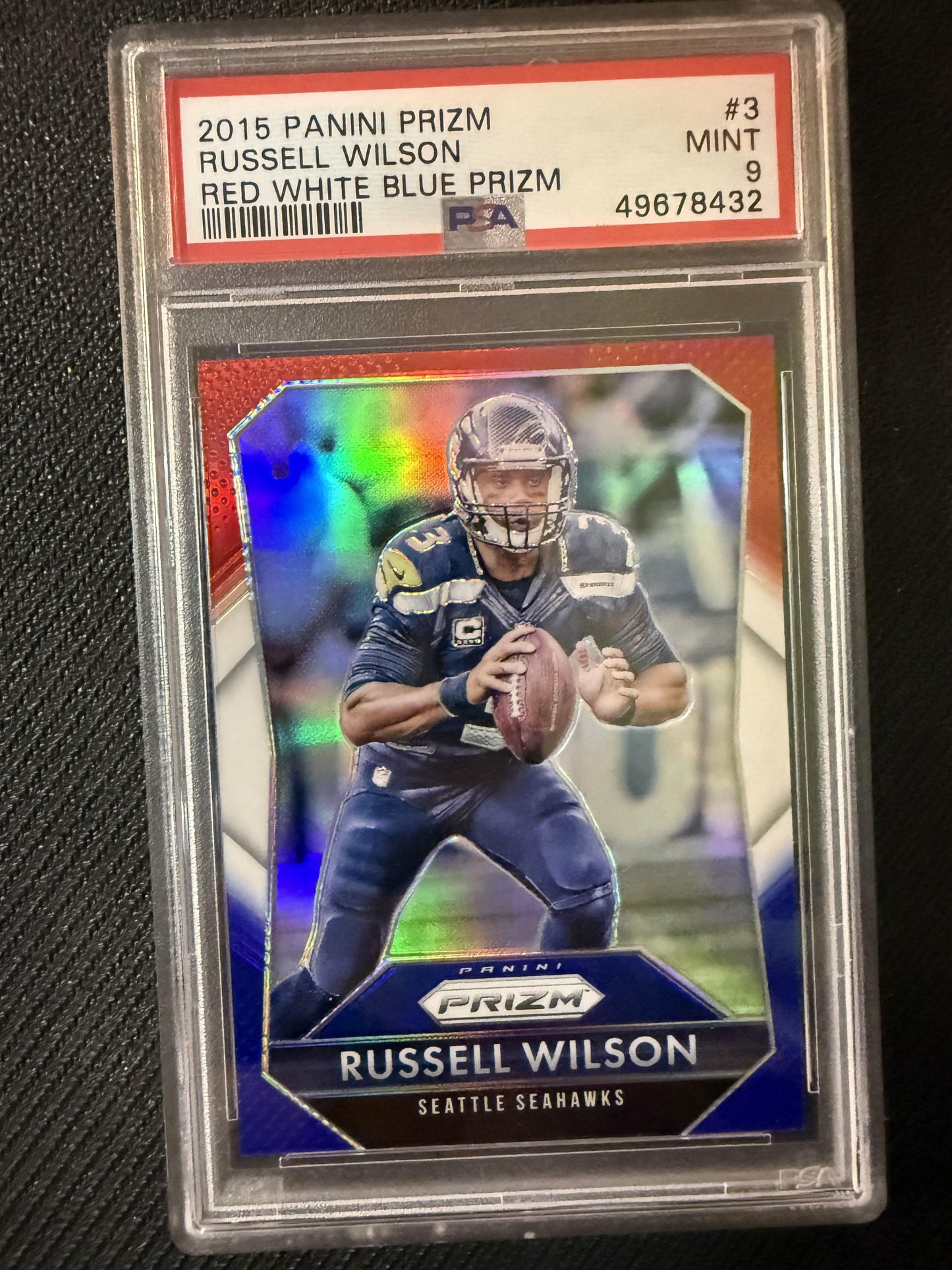 #3 Russell Wilson 2015 Panini Prizm Seattle Seahawks sports Red, White, and Blue