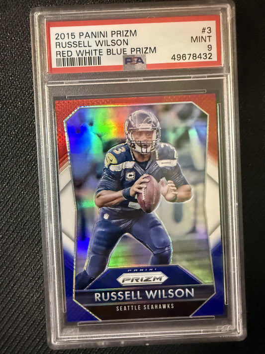 #3 Russell Wilson 2015 Panini Prizm Seattle Seahawks sports Red, White, and Blue