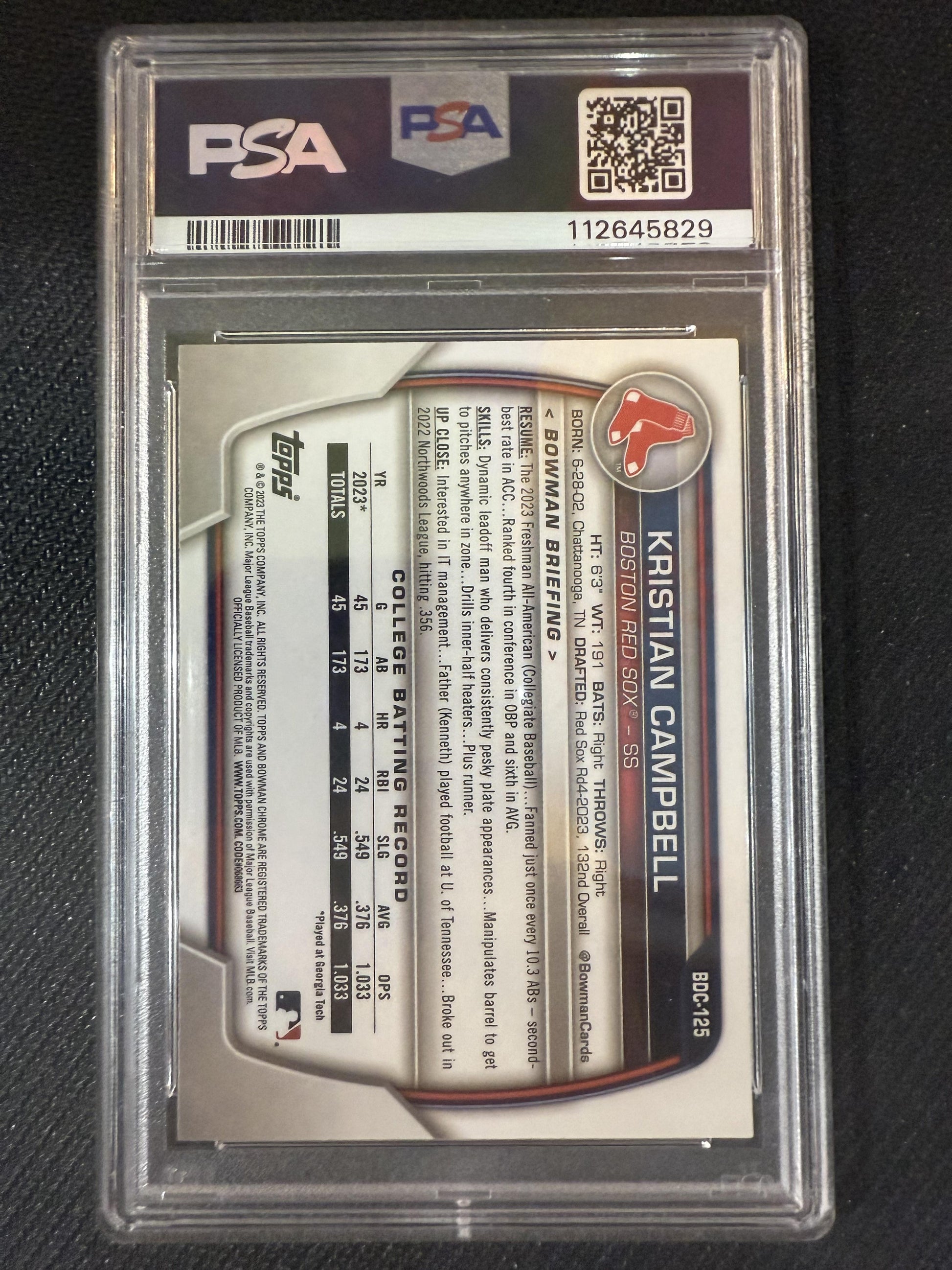 #BD-125 Kristian Campbell 2023 Bowman Draft Boston Red Sox sports