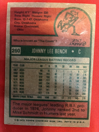 #260 Johnny Bench 1975 Topps Cincinnati Reds sports