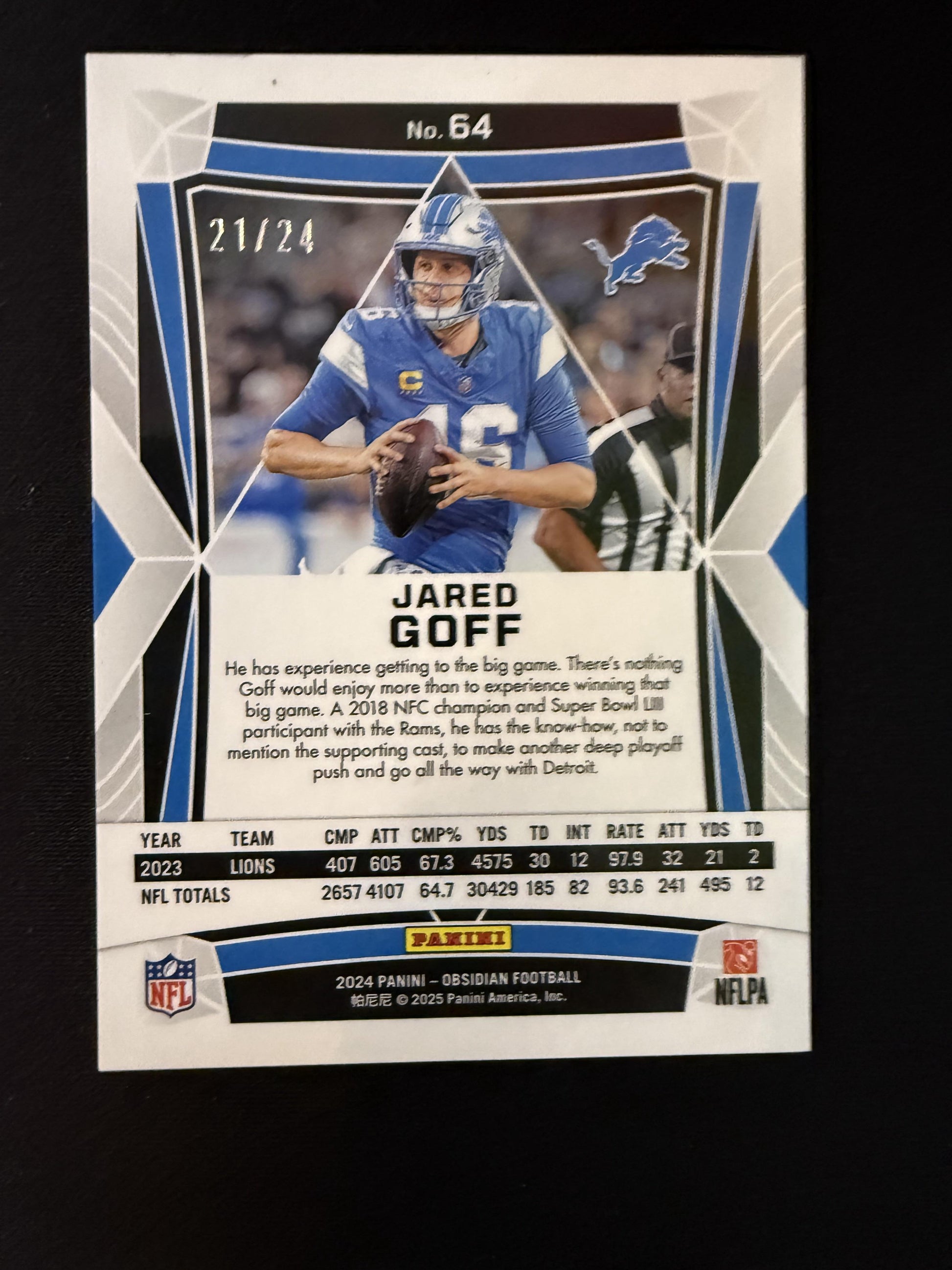 #64 Jared Goff 2024 Panini Obsidian SN #/24 Detroit Lions sports Orange