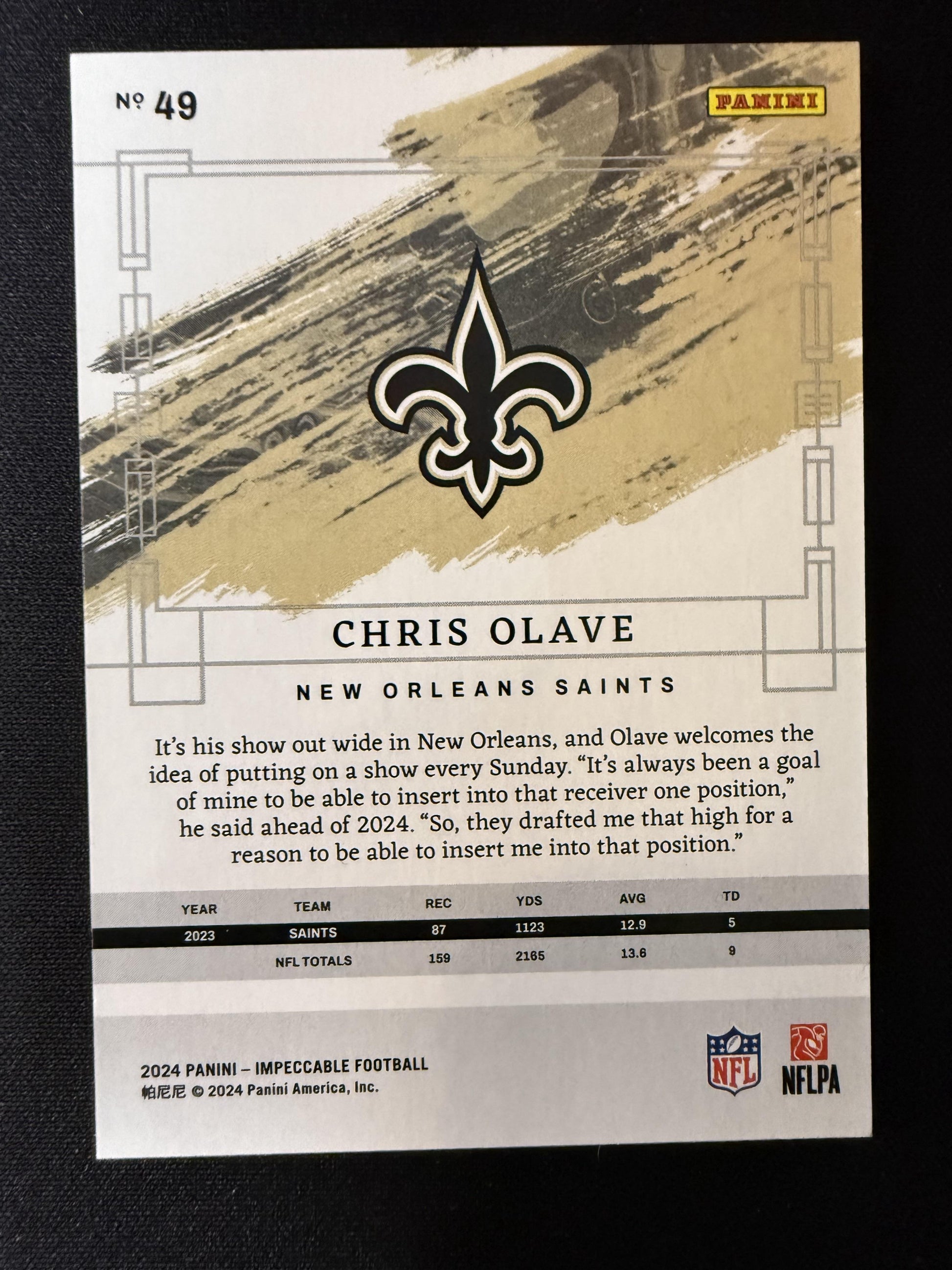 #49 Chris Olave 2024 Panini Impeccable SN #/8 New Orleans Saints sports Ruby