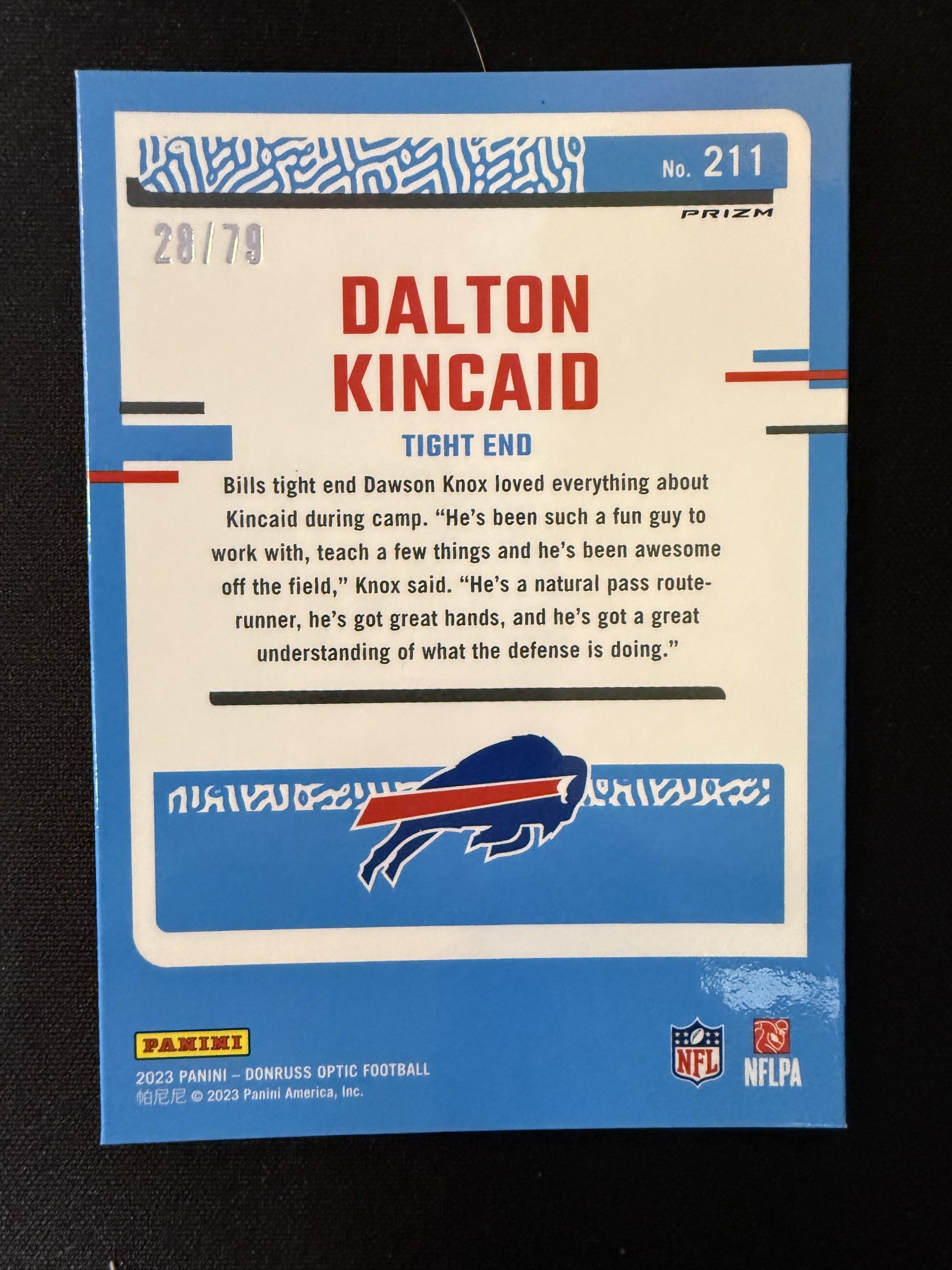 #211 Dalton Kincaid 2023 Donruss Optic SN,RC Rookie /79 Bills Orange Scope