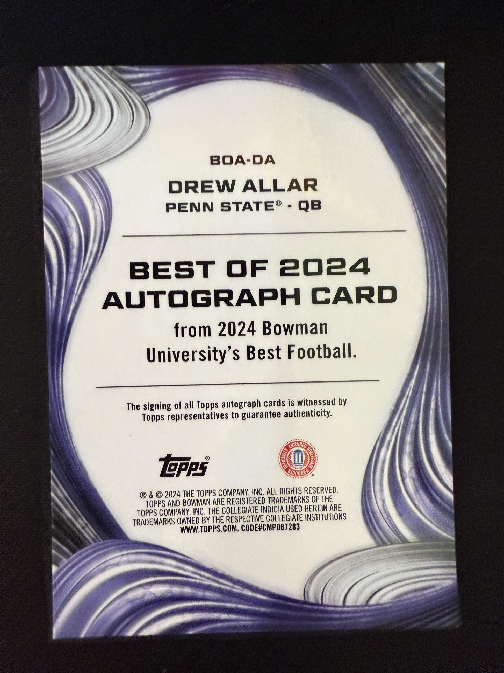 #BOA-DA Drew Allar 2024 Bowman University Best Auto /15 Lions Autographs Teal