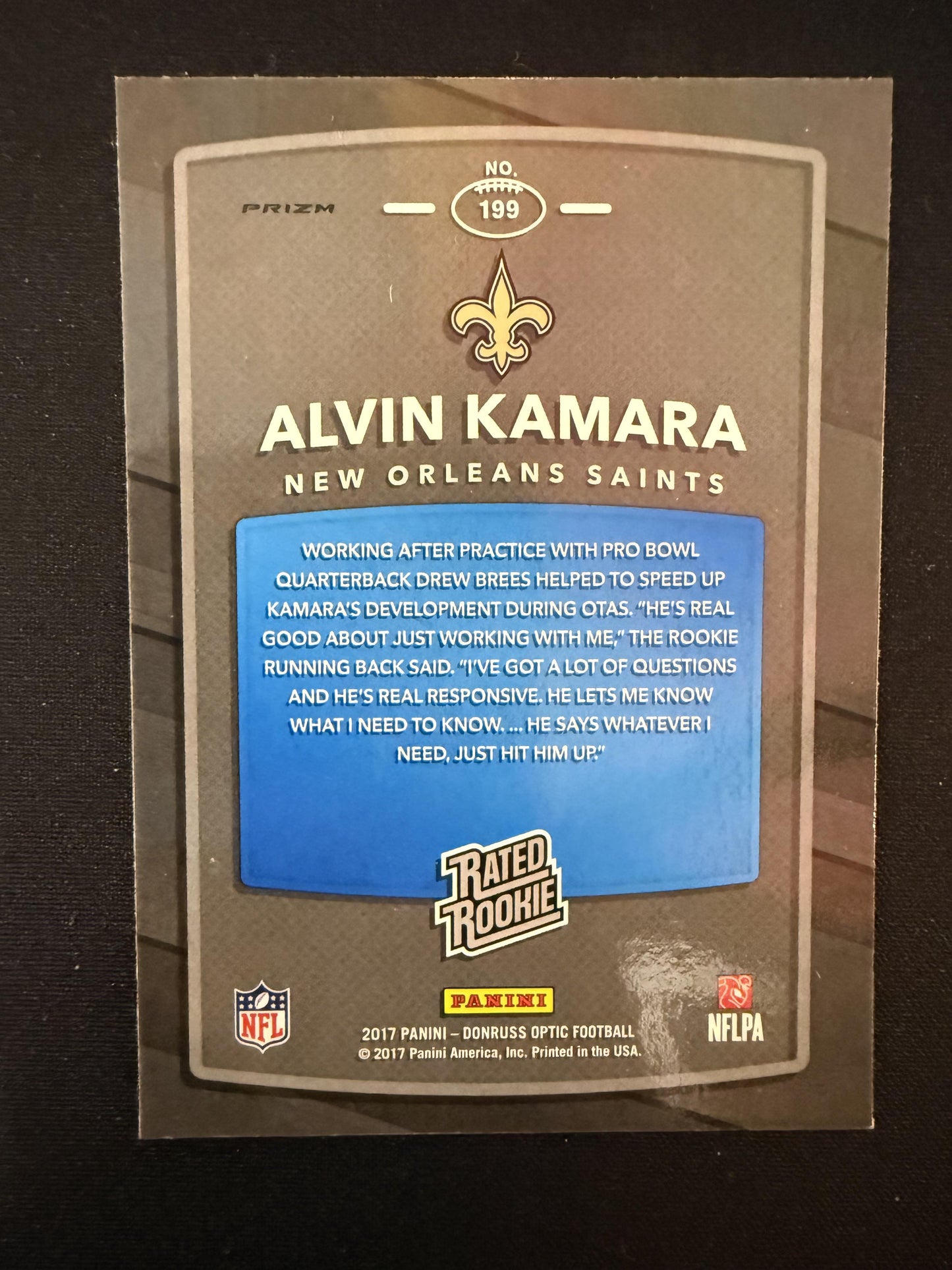#199 Alvin Kamara 2017 Donruss Optic RC Rookie New Orleans Saints sports Lime