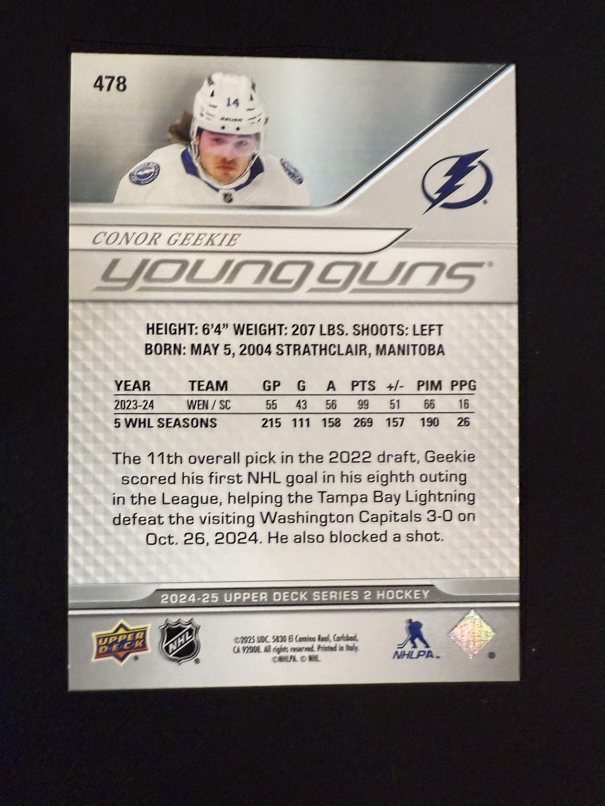 #478 Conor Geekie 2024-25 Upper Deck SN,RC Rookie #/250 Lightning Deluxe