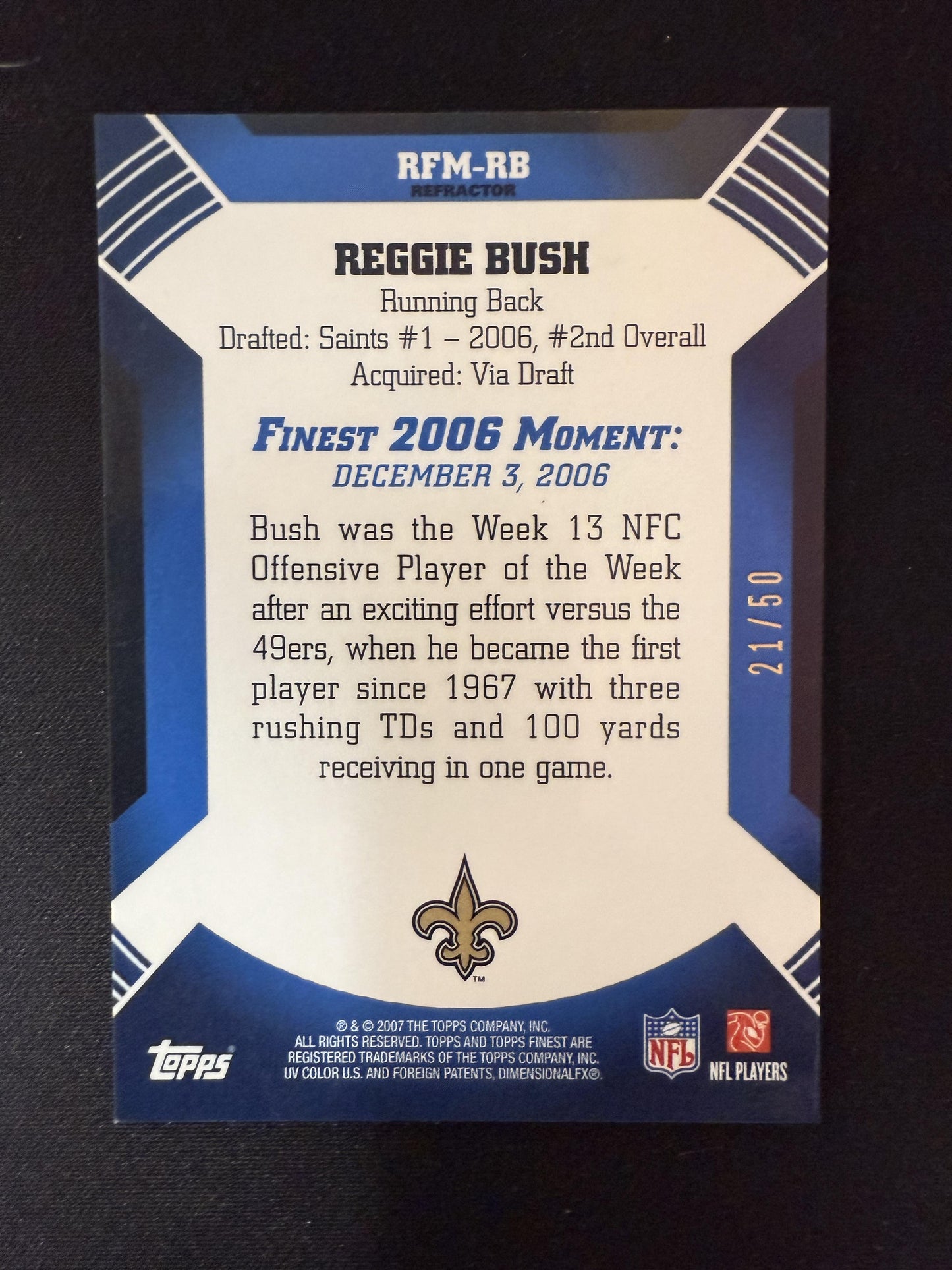 #RFM-RB Reggie Bush 2007 Finest SN #/50 New Orleans Saints sports Moments Gold