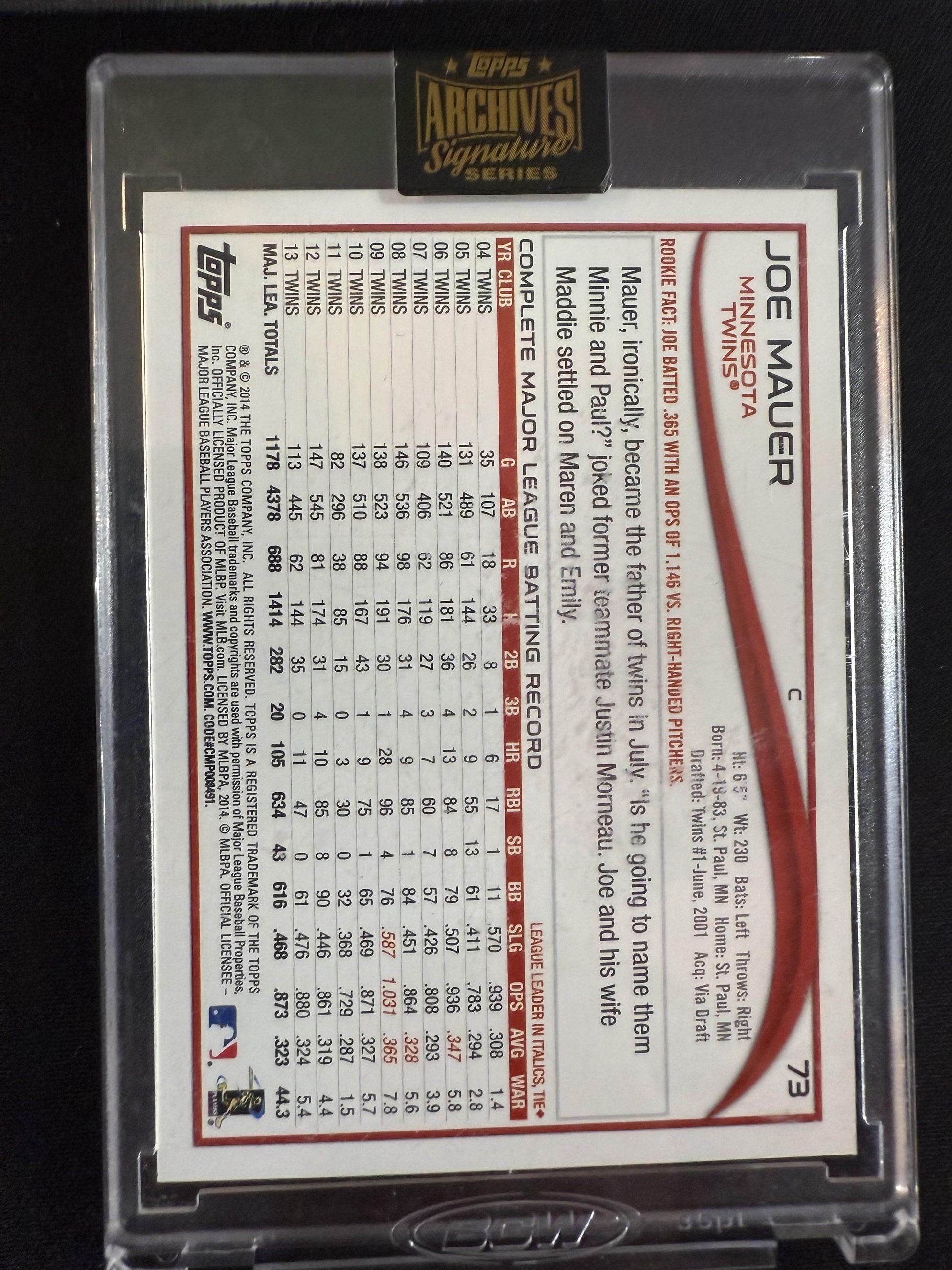 #73 JOE MAUER 2022 TOPPS ARCHIVES SIGNATURE SERIES AUTOGRAPH 1/1
