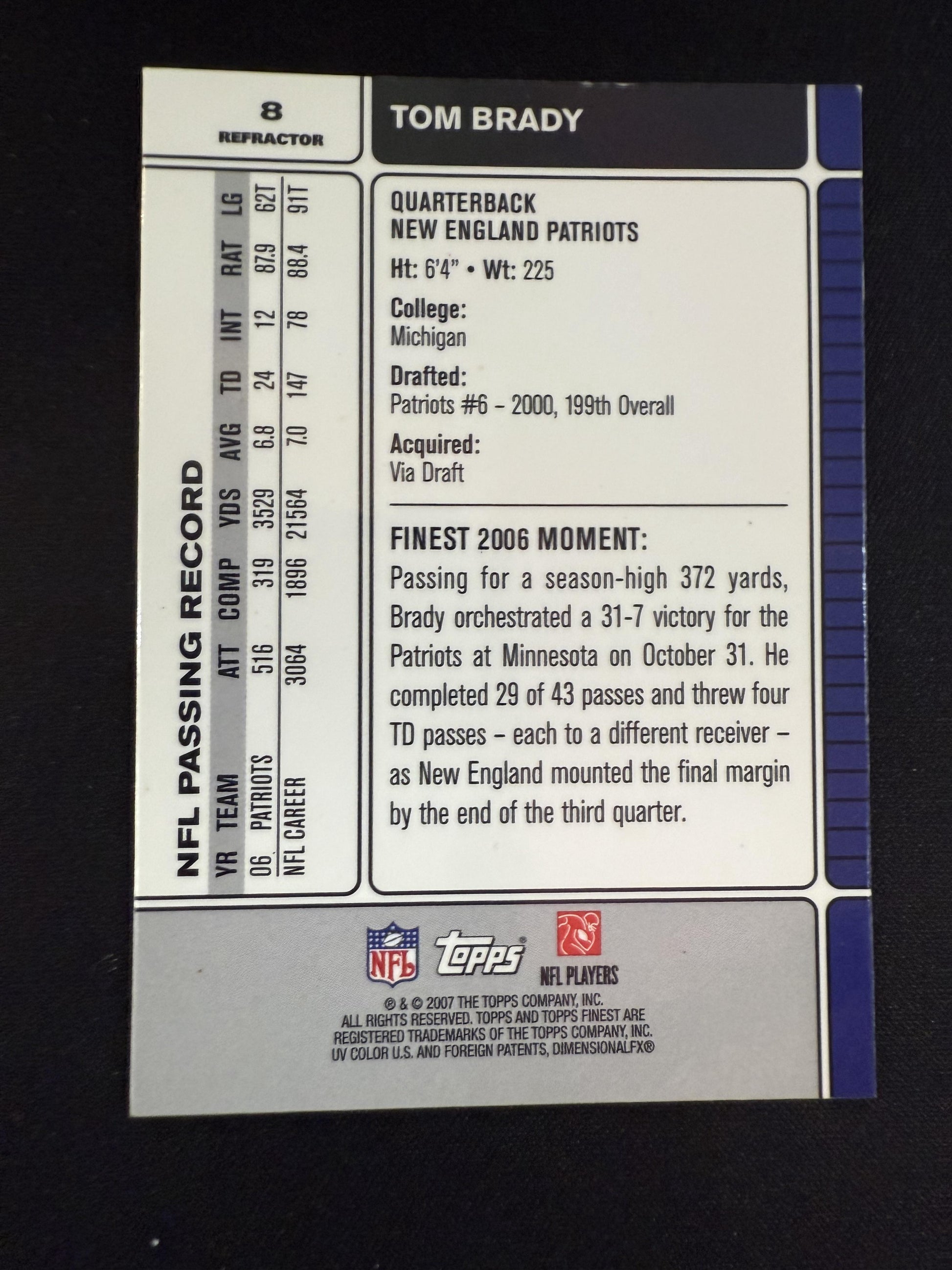 #8 Tom Brady 2007 Finest New England Patriots sports Refractors
