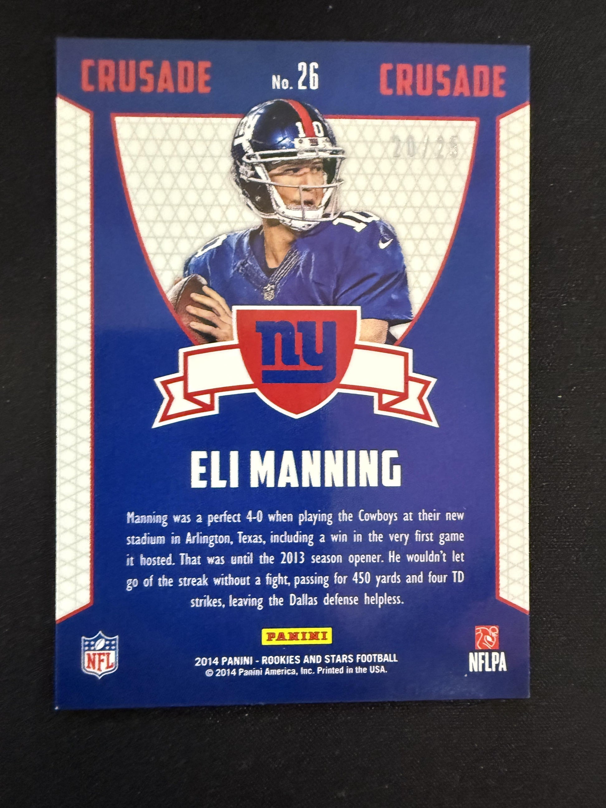 #26 Eli Manning 2014 Panini Rookies & Stars SN #/25 New York Giants Crusade Gold