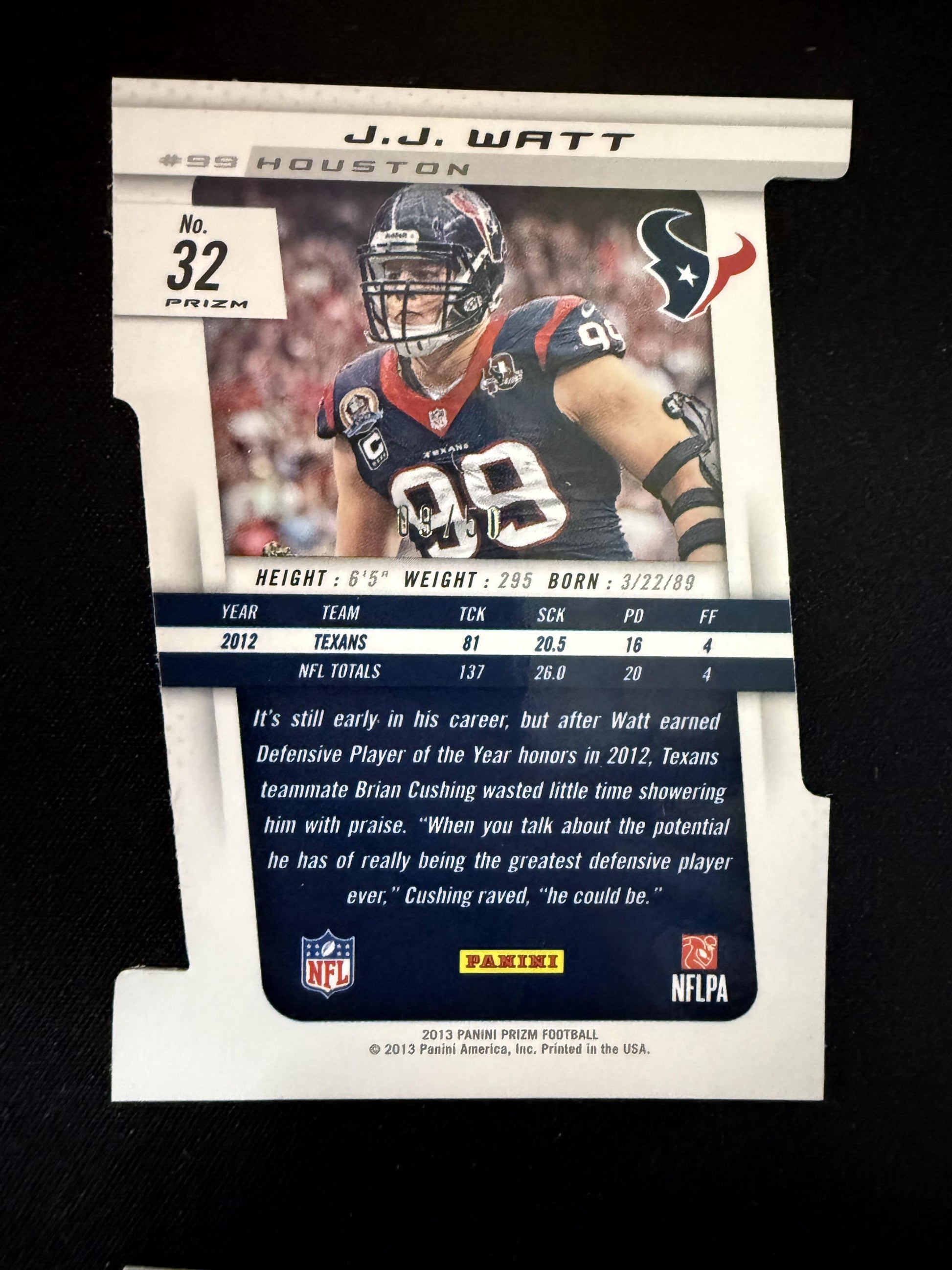 #32 J.J. Watt 2013 Panini Prizm SN #/50 Houston Texans Orange Die Cut