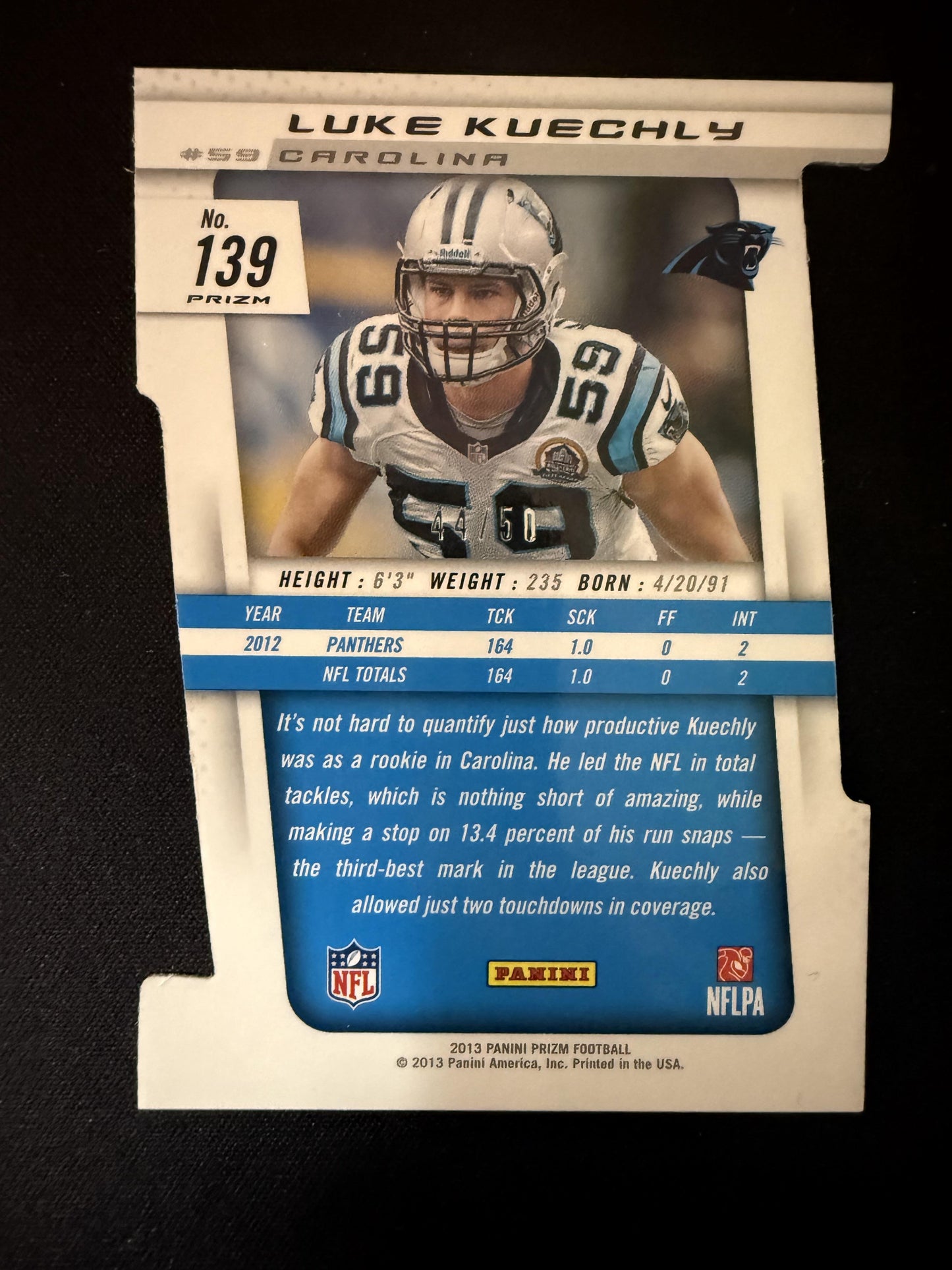 #139 Luke Kuechly 2013 Panini Prizm SN #/50 Carolina Panthers Orange Die Cut