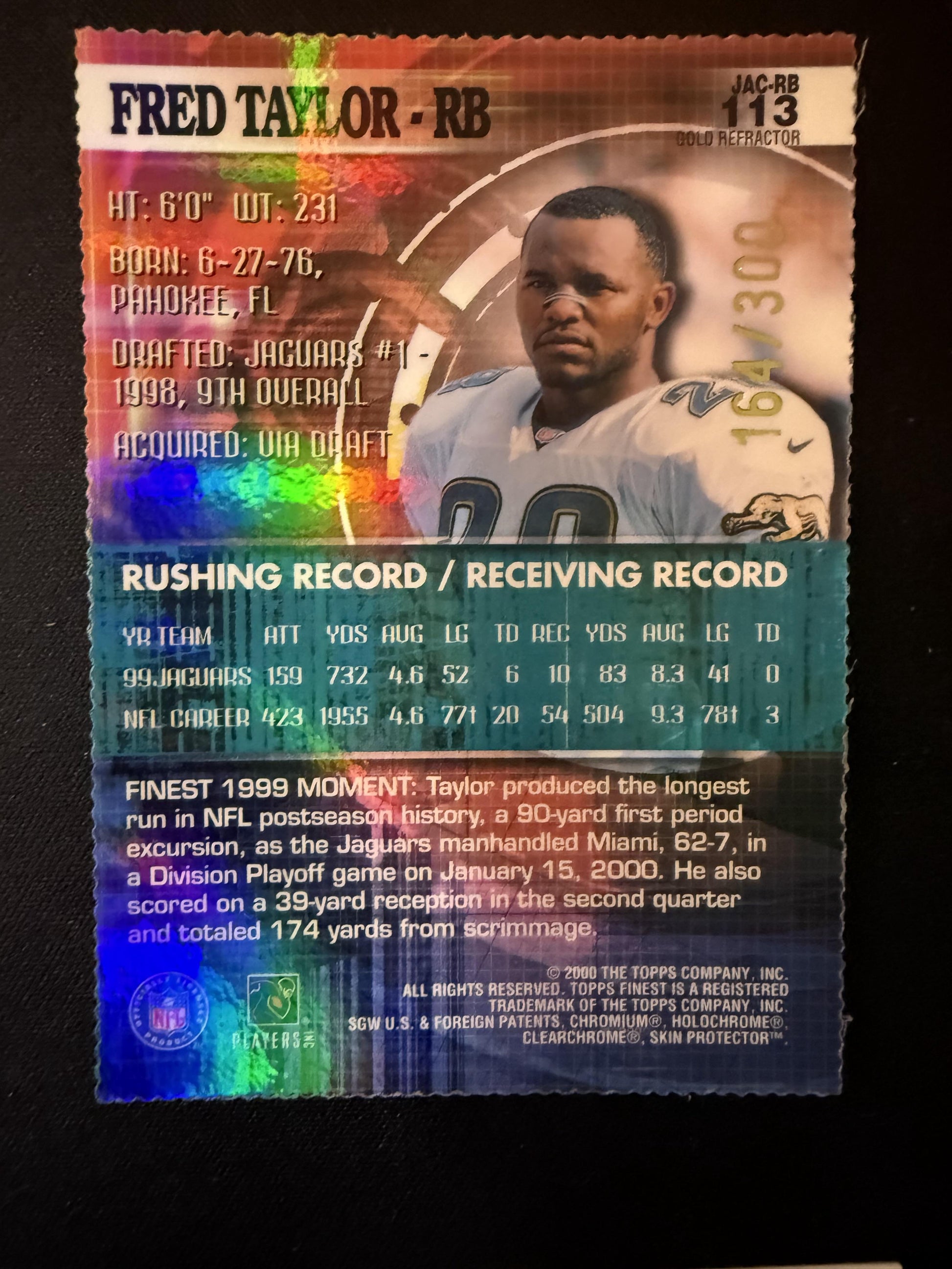 #113 Fred Taylor 2000 Finest SN #/300 Jacksonville Jaguars Gold Refractors