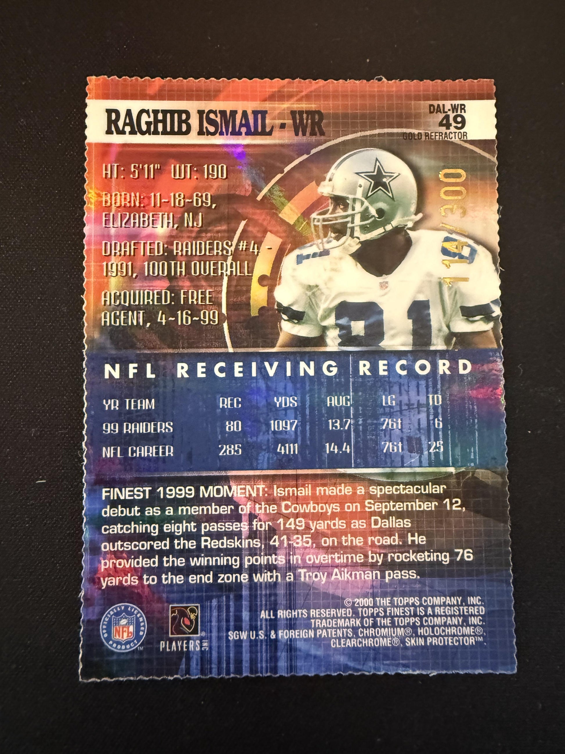 #49 Raghib Ismail 2000 Finest SN #/300 Dallas Cowboys sports Gold Refractors