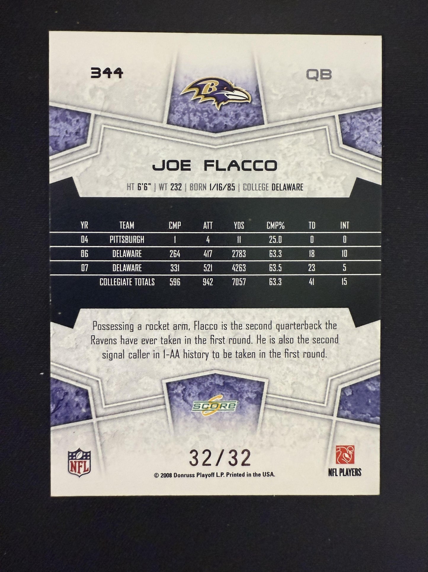 #344 Joe Flacco 2008 Score Select SN,RC Rookie #/32 Ravens Artist's Proof