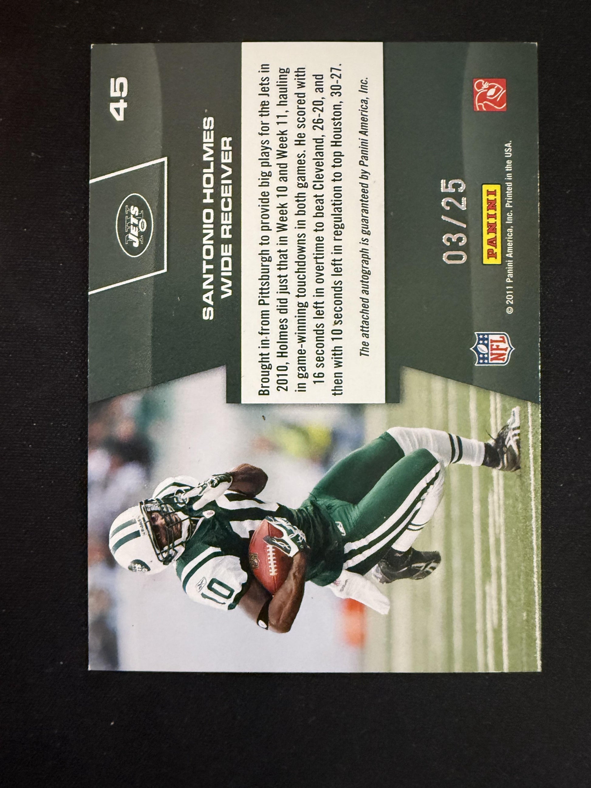 #45 Santonio Holmes 2011 Panini Prestige SN /25 Jets Prestigious Pros Black