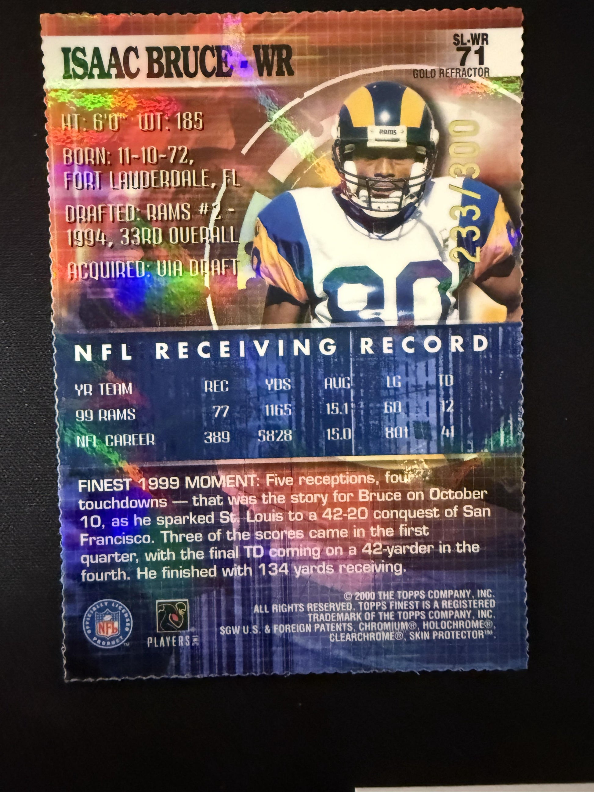 #71 Isaac Bruce 2000 Finest SN #/300 St. Louis Rams sports Gold Refractors