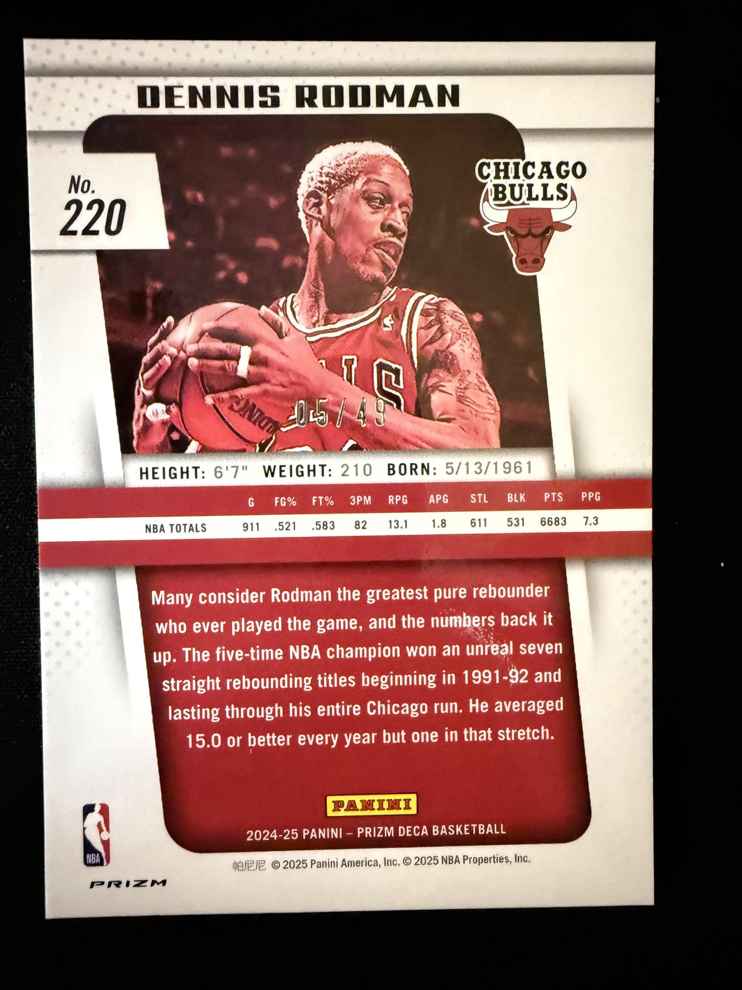 #220 Dennis Rodman 2024-25 Panini Prizm Deca SN #/49 Chicago Bulls sports Orange