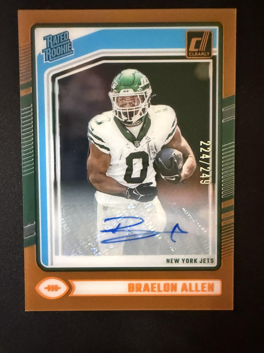 #90 Braelon Allen 2024 Clearly Donruss Rookie Auto #/249 New York Jets Orange