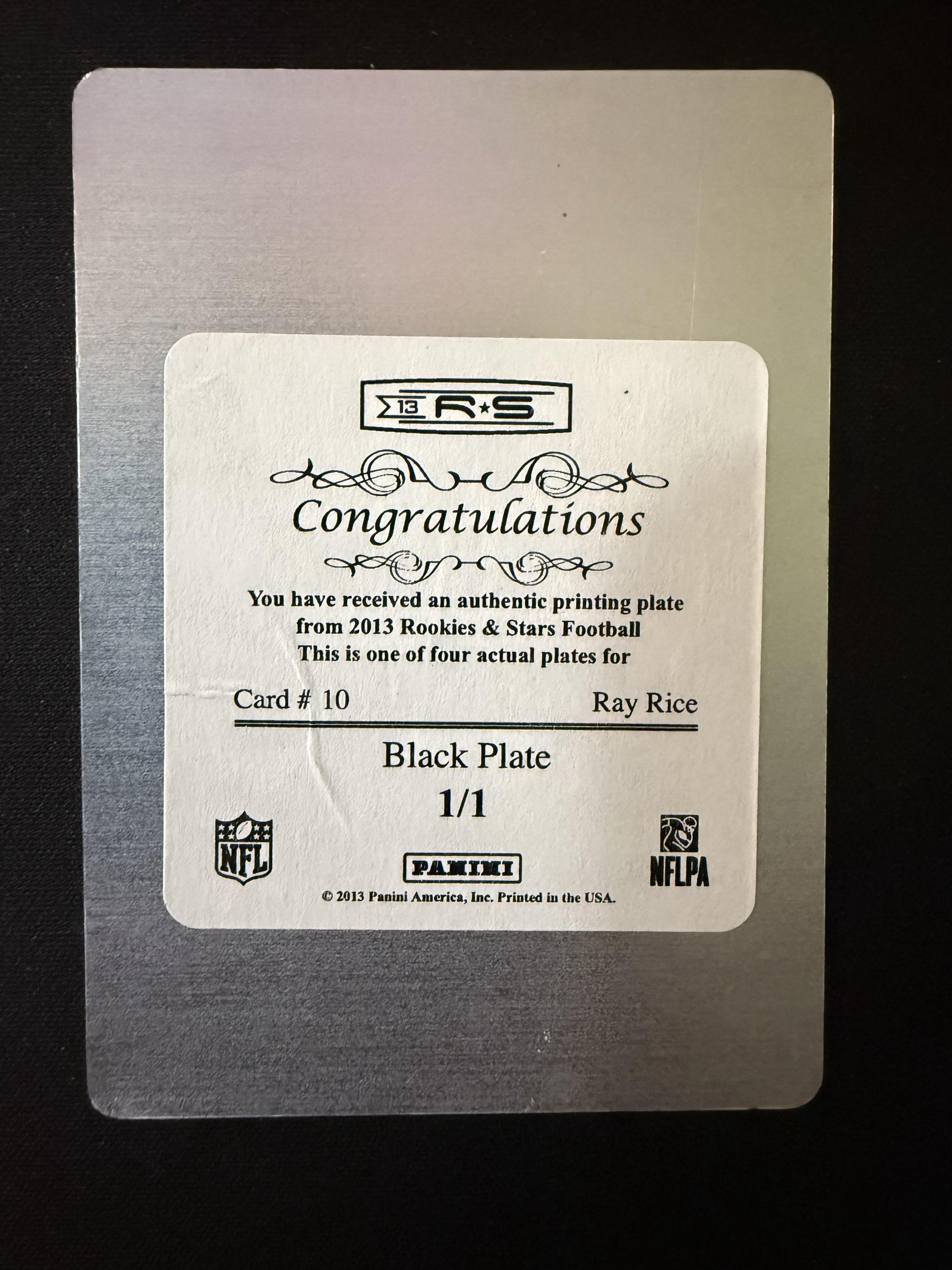 #10 Ray Rice 2013 Panini Rookies & Stars SN #/1 Ravens Printing Plates Black