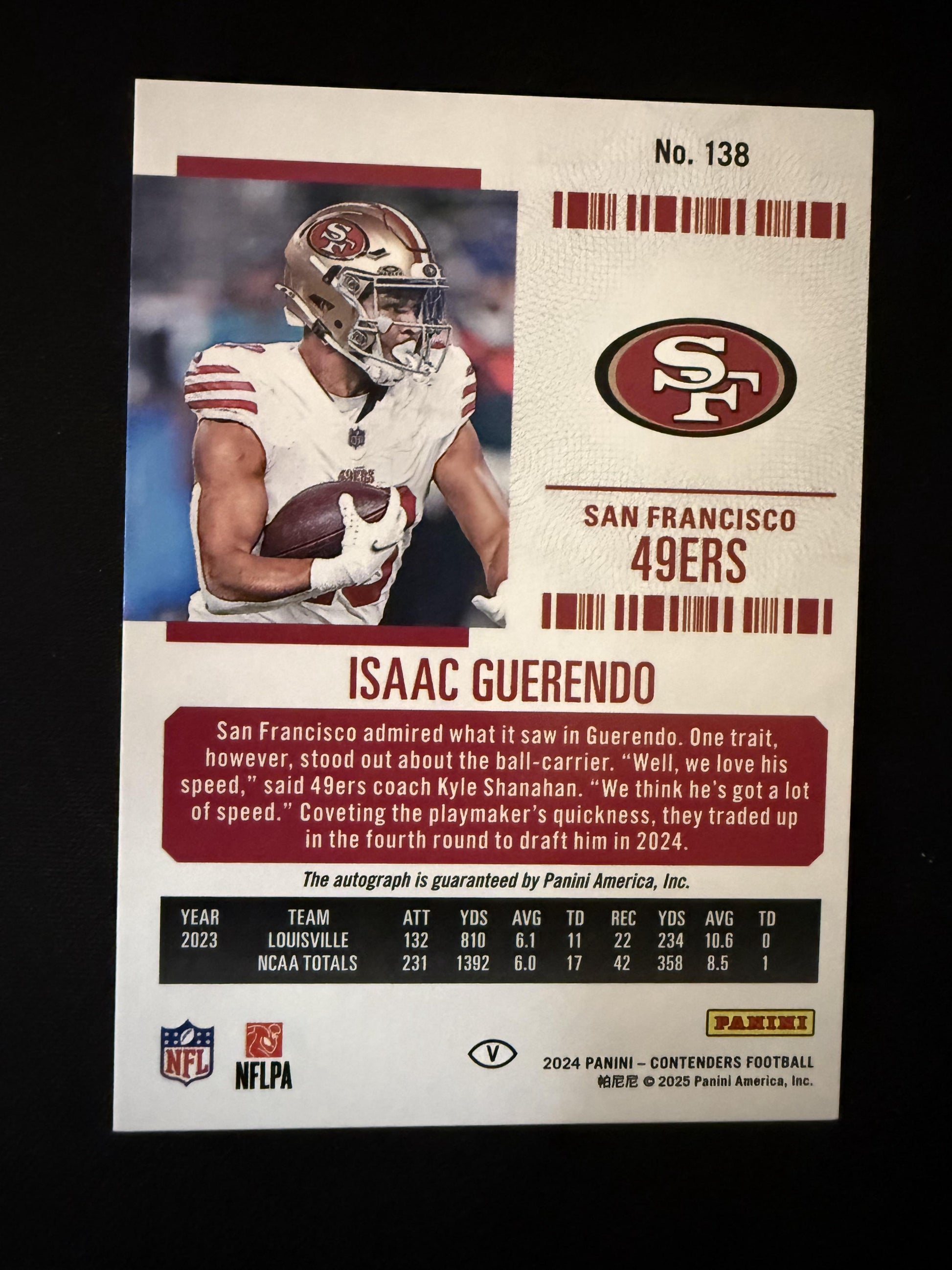 #138 Isaac Guerendo 2024 Panini Contenders Auto Red Zone Ticket FOTL