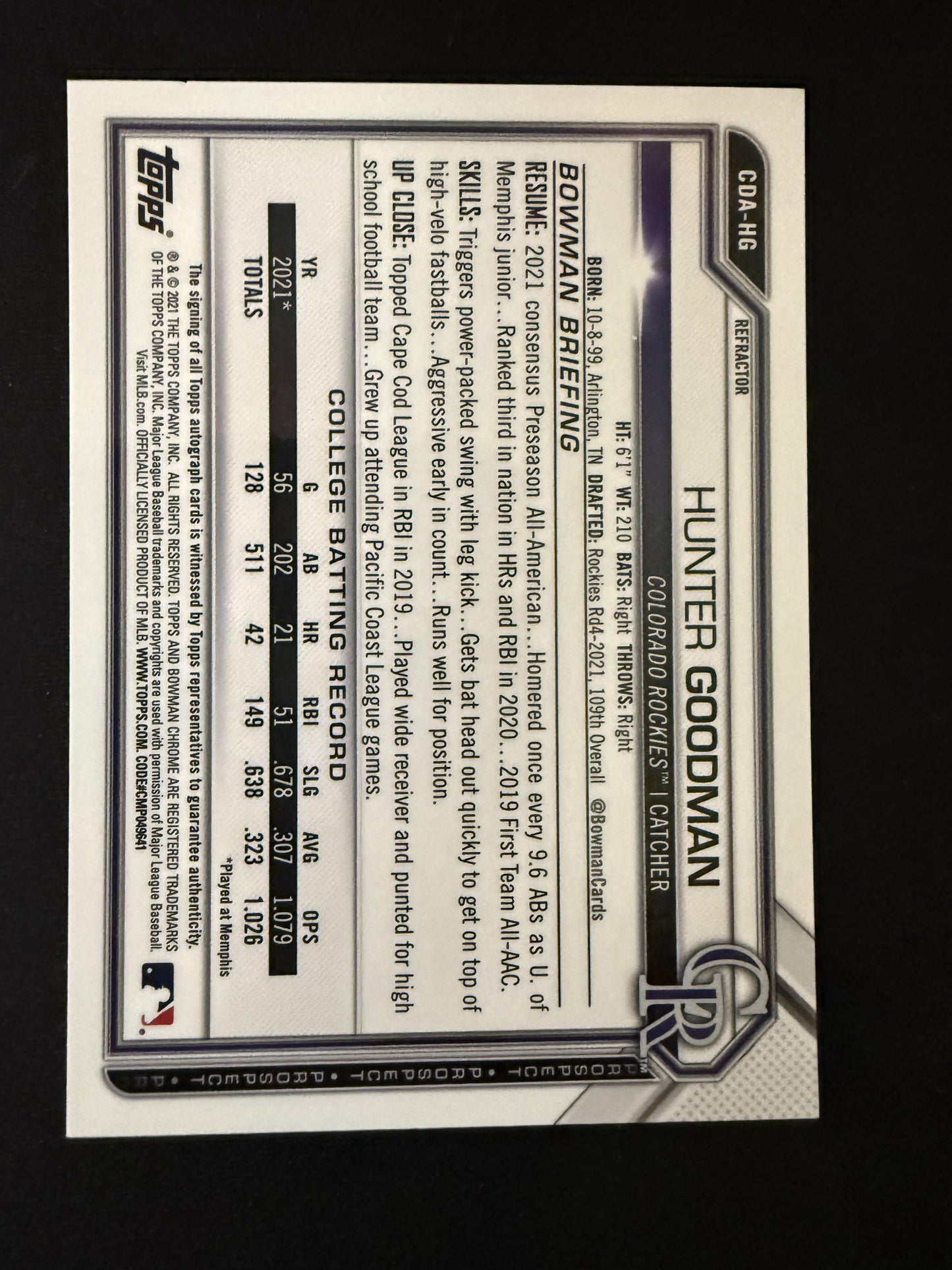 #CDA-HG Hunter Goodman 2021 Bowman Draft SN,AU Auto #/499 Rockies Refractor