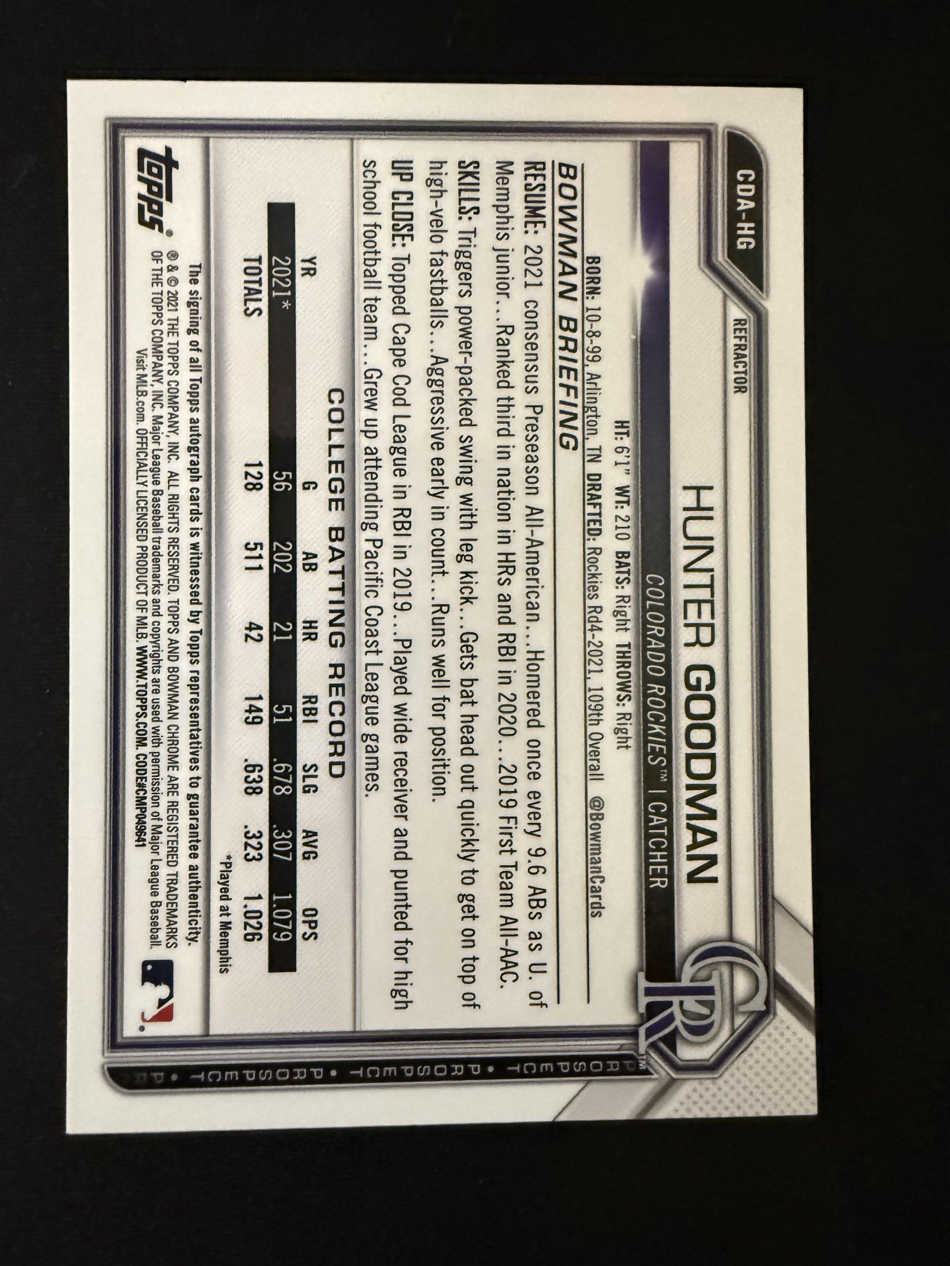 #CDA-HG Hunter Goodman 2021 Bowman Draft SN,AU Auto #/499 Rockies Refractor