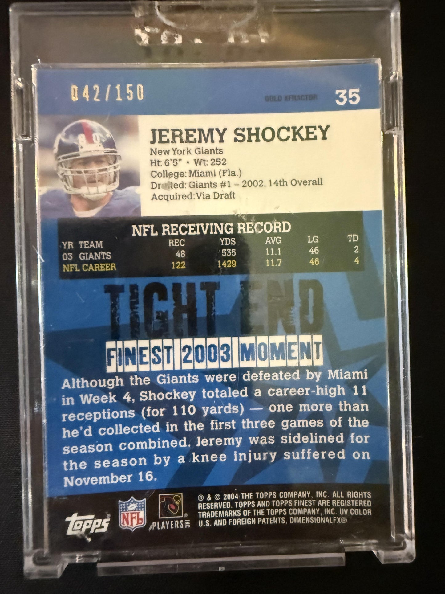 #35 Jeremy Shockey 2004 Finest SN #/150 New York Giants Gold Xfractors