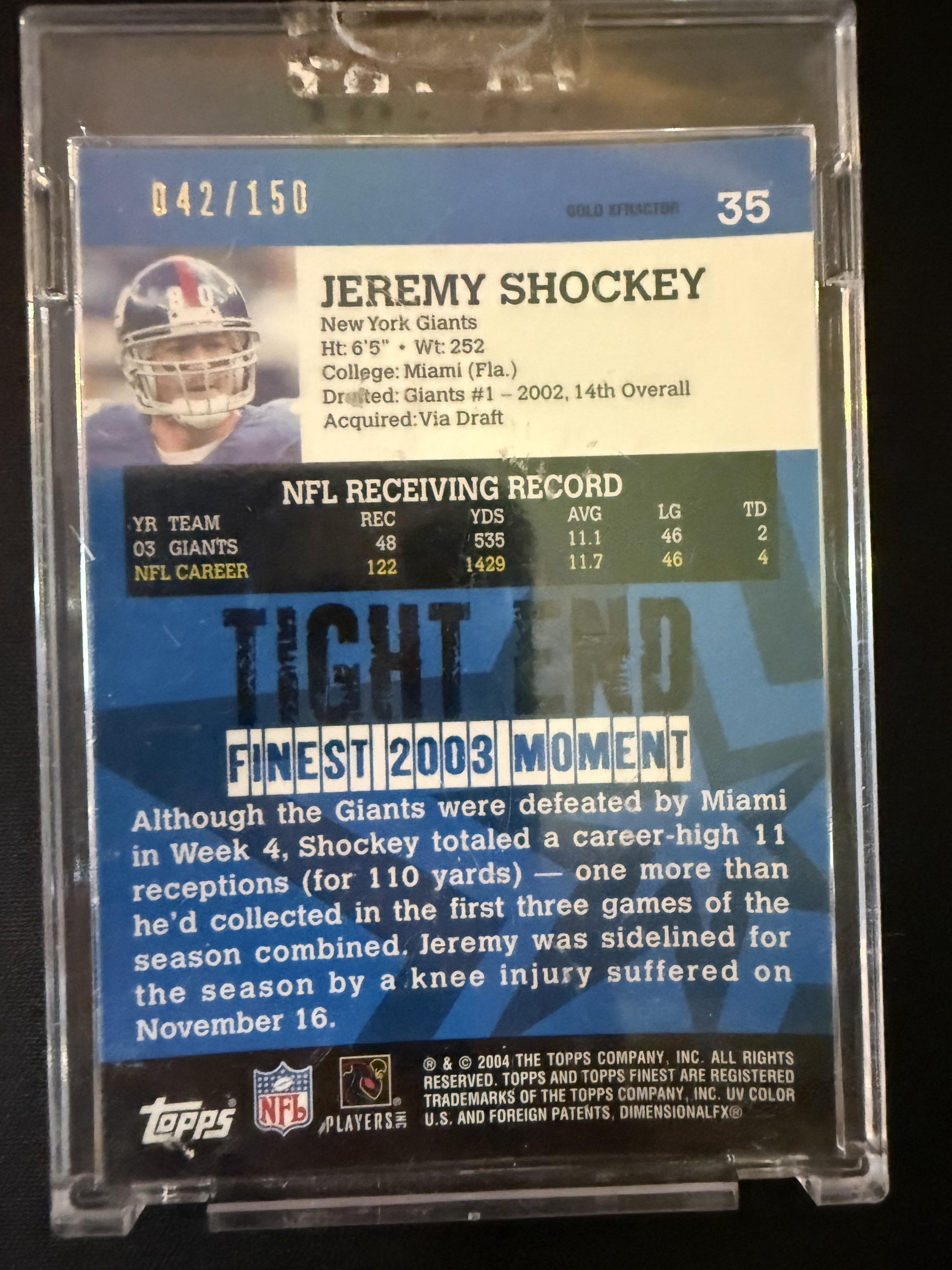 #35 Jeremy Shockey 2004 Finest SN #/150 New York Giants Gold Xfractors