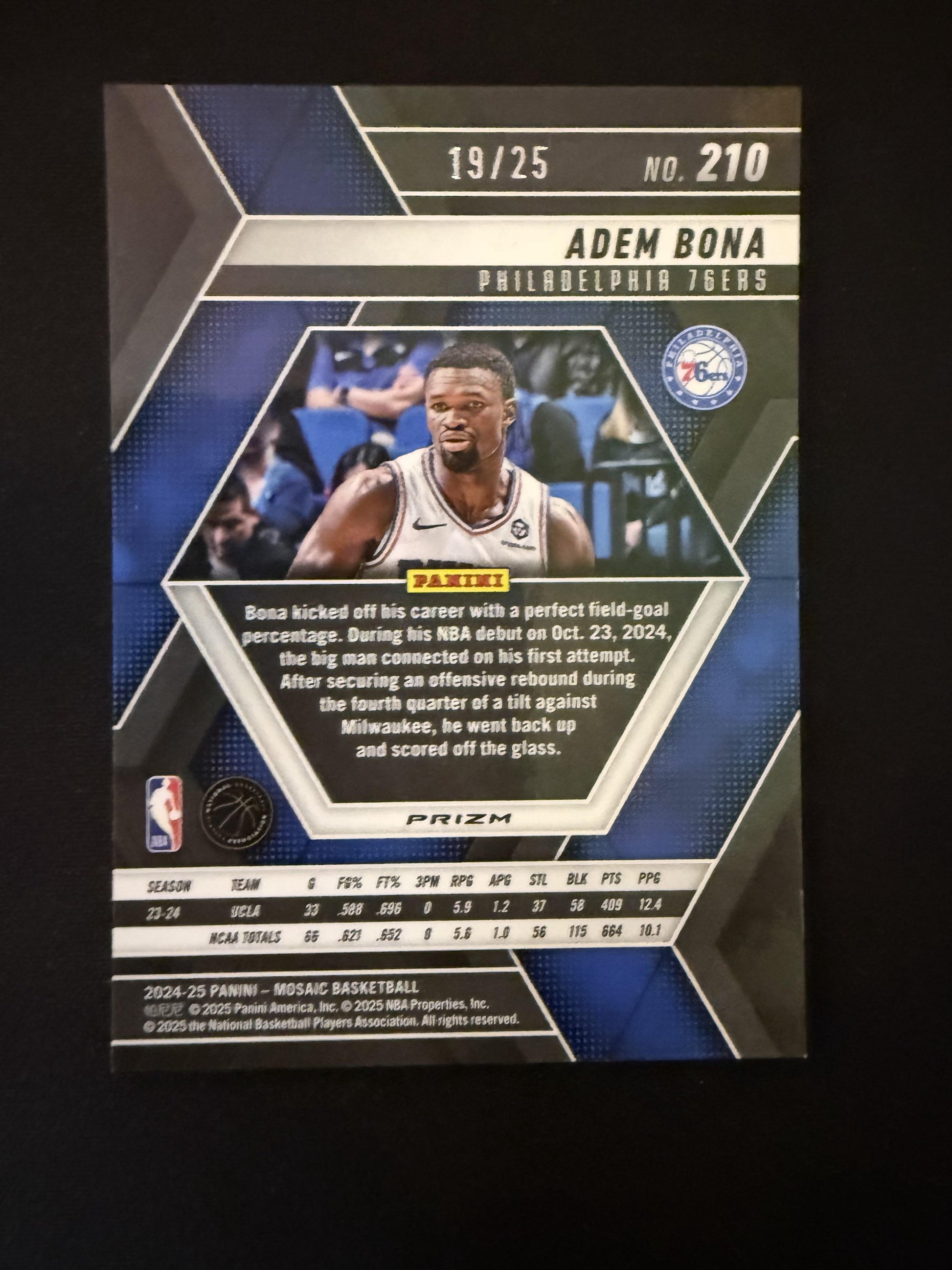 #210 Adem Bona 2024-25 Panini Mosaic /25 76ers Spectris Blue FOTL Mosaic