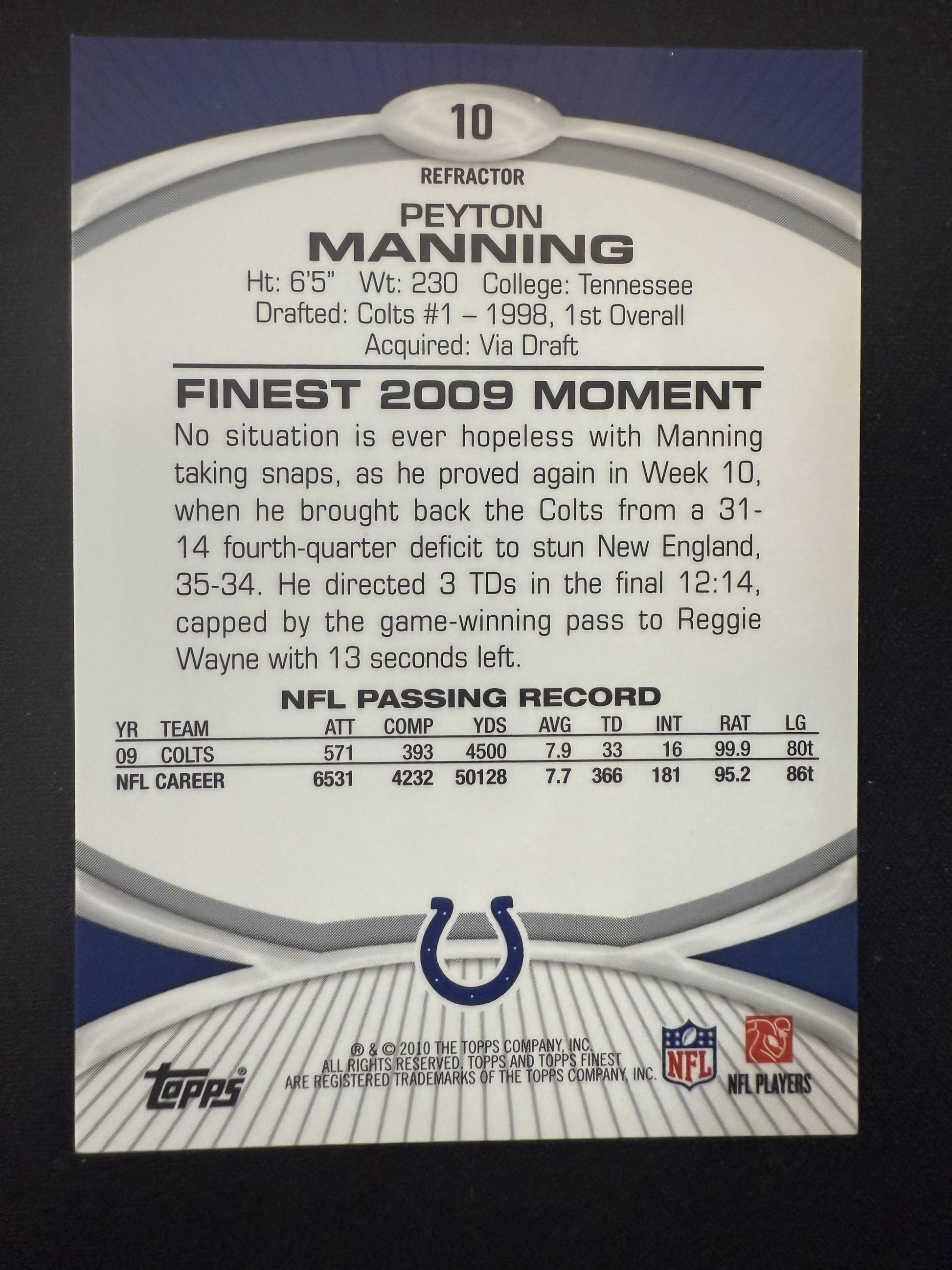 #10 Peyton Manning 2010 Finest SN #/399 Indianapolis Colts sports Xfractors