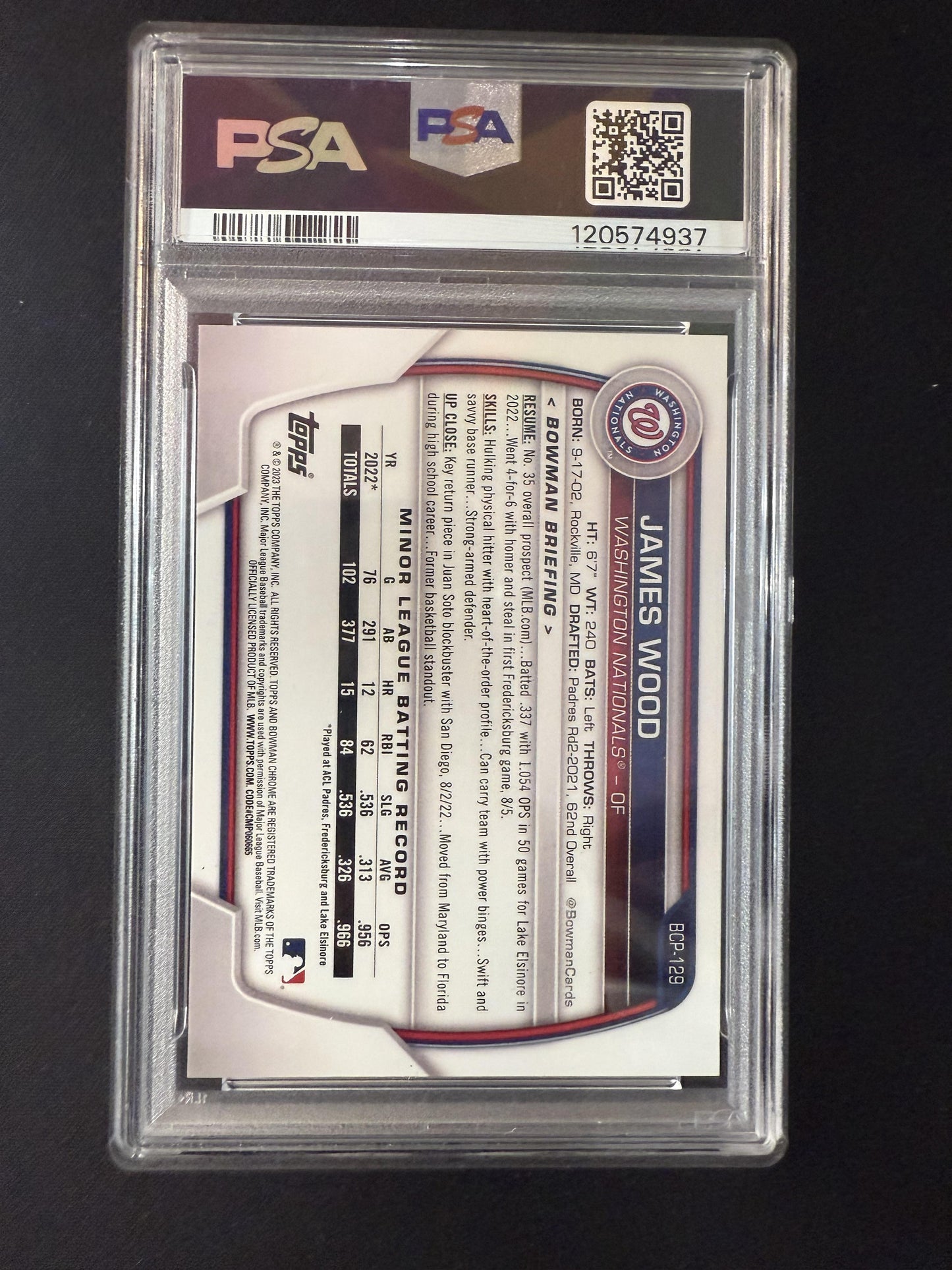 #BCP-129 James Wood 2023 Bowman SN #/299 Washington Nationals Speckle