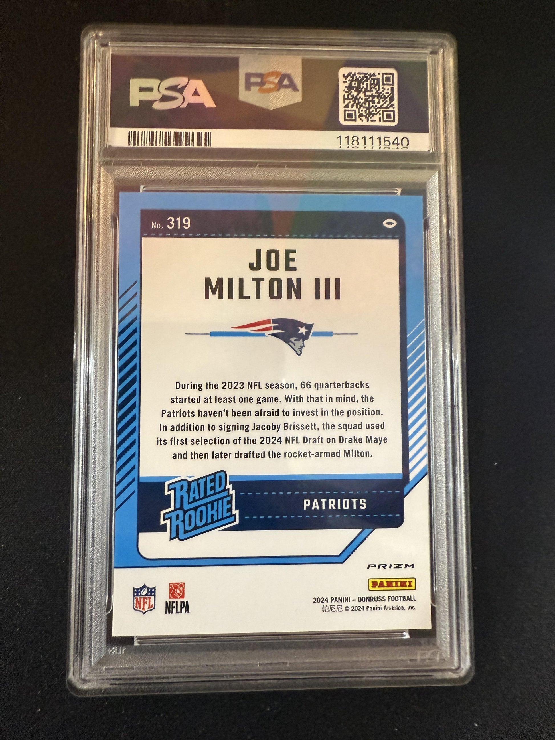 #319 Joe Milton III 2024 Donruss Optic RC Rookie Patriots Red Pandora