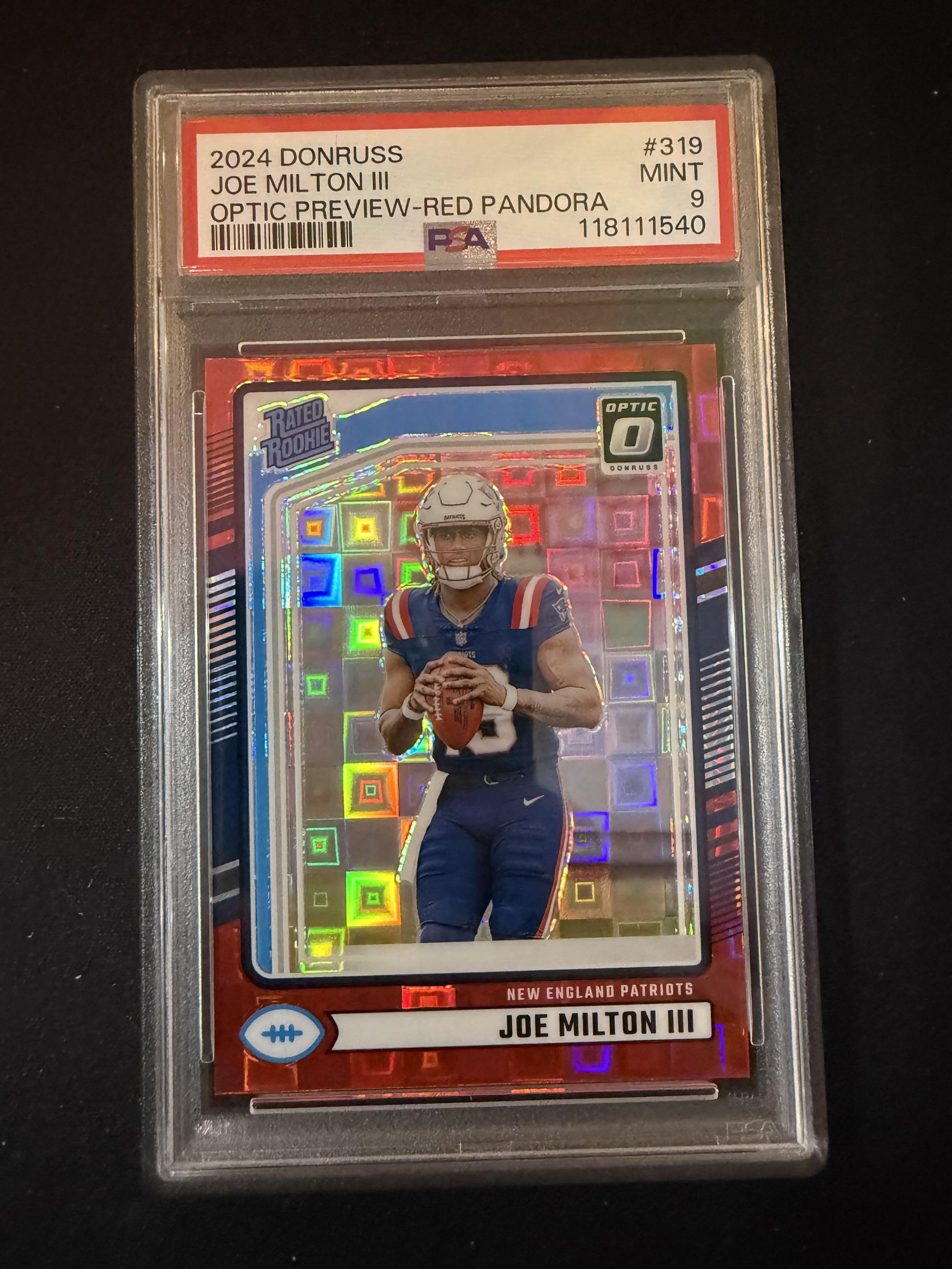 #319 Joe Milton III 2024 Donruss Optic RC Rookie Patriots Red Pandora