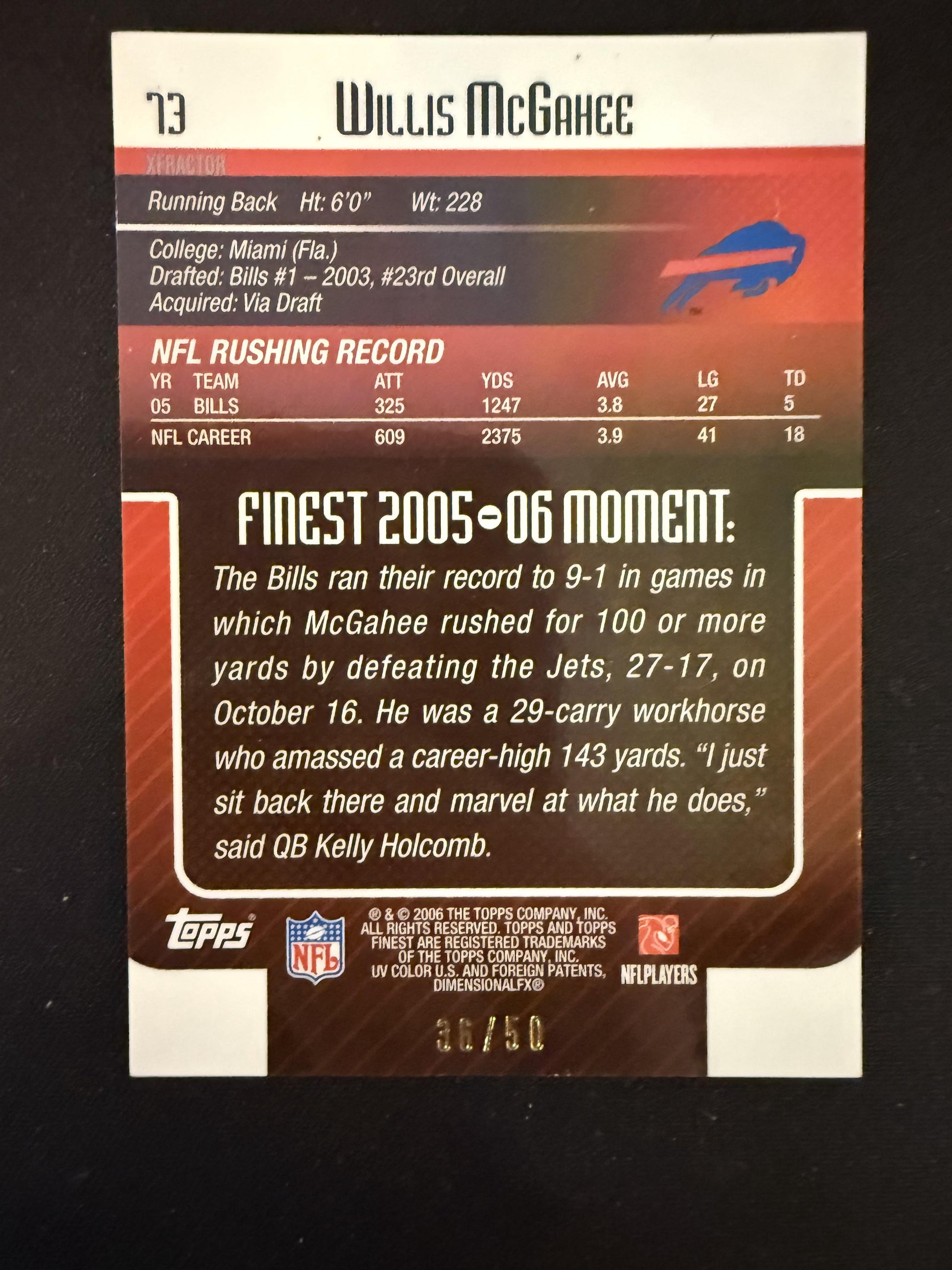 #73 Willis McGahee 2006 Finest SN #/50 Buffalo Bills sports Green Xfractors