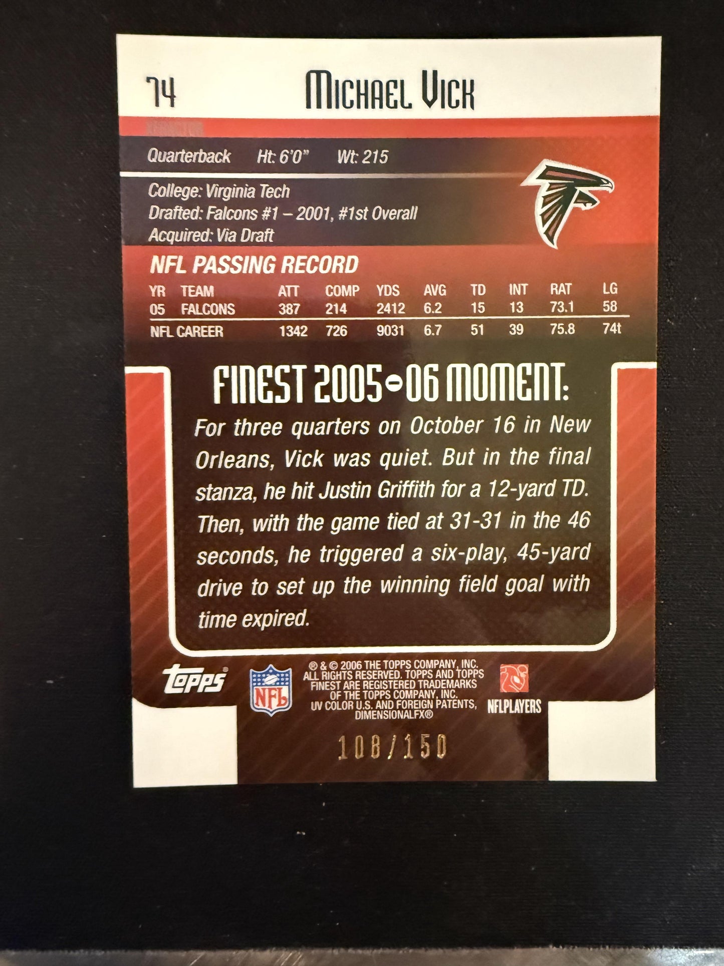 #74 Michael Vick 2006 Finest SN #/150 Atlanta Falcons sports Blue Xfractors