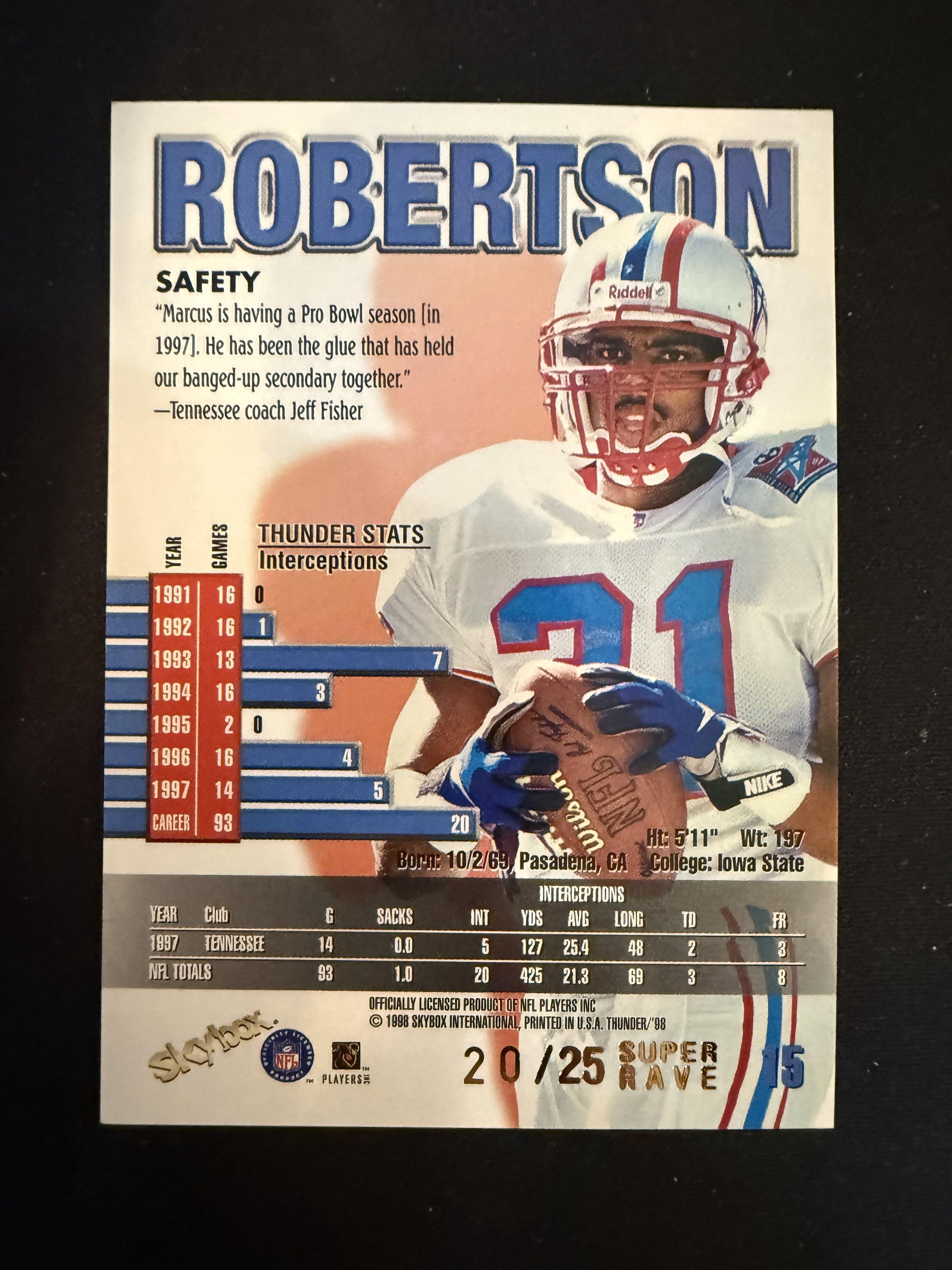 #15 Marcus Robertson 1998 SkyBox Thunder SN #/25 Tennessee Oilers Super Rave