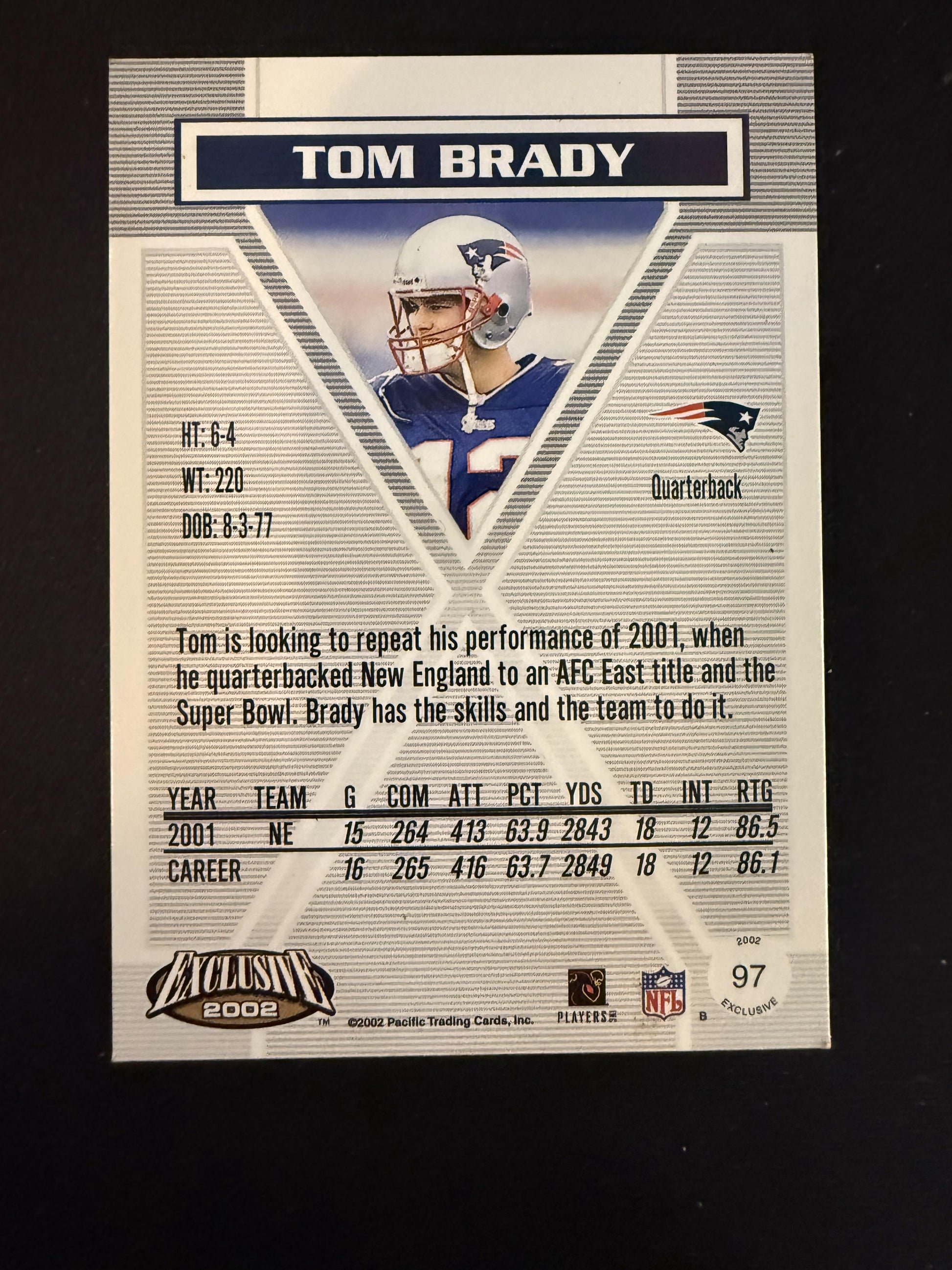 #97 Tom Brady 2002 Pacific Exclusive New England Patriots sports Gold