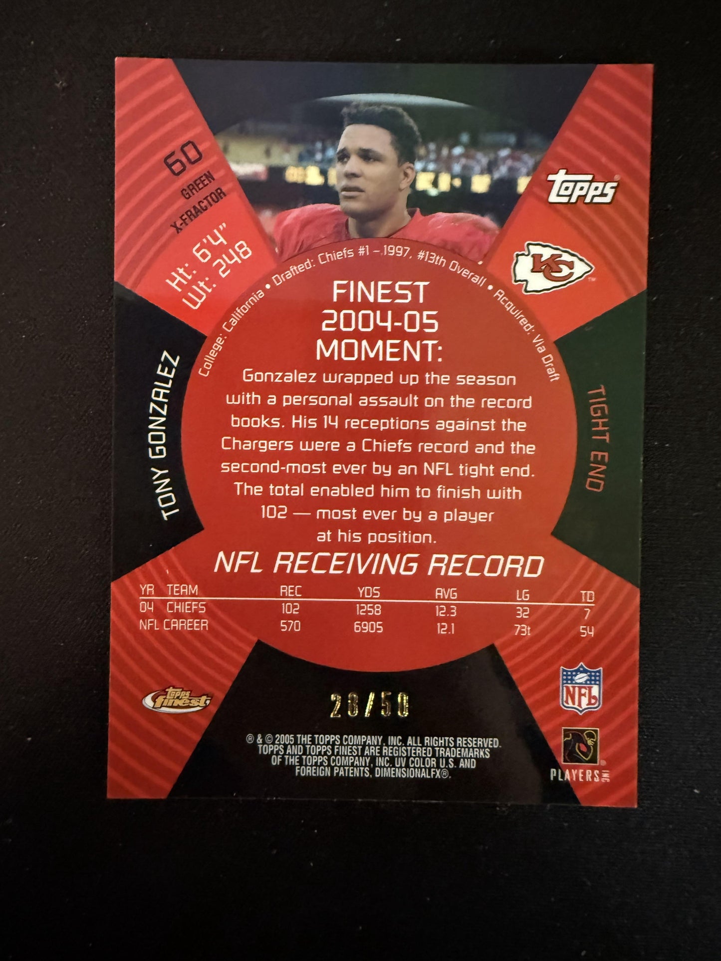 #60 Tony Gonzalez 2005 Finest SN #/50 Kansas City Chiefs sports Green Xfractors