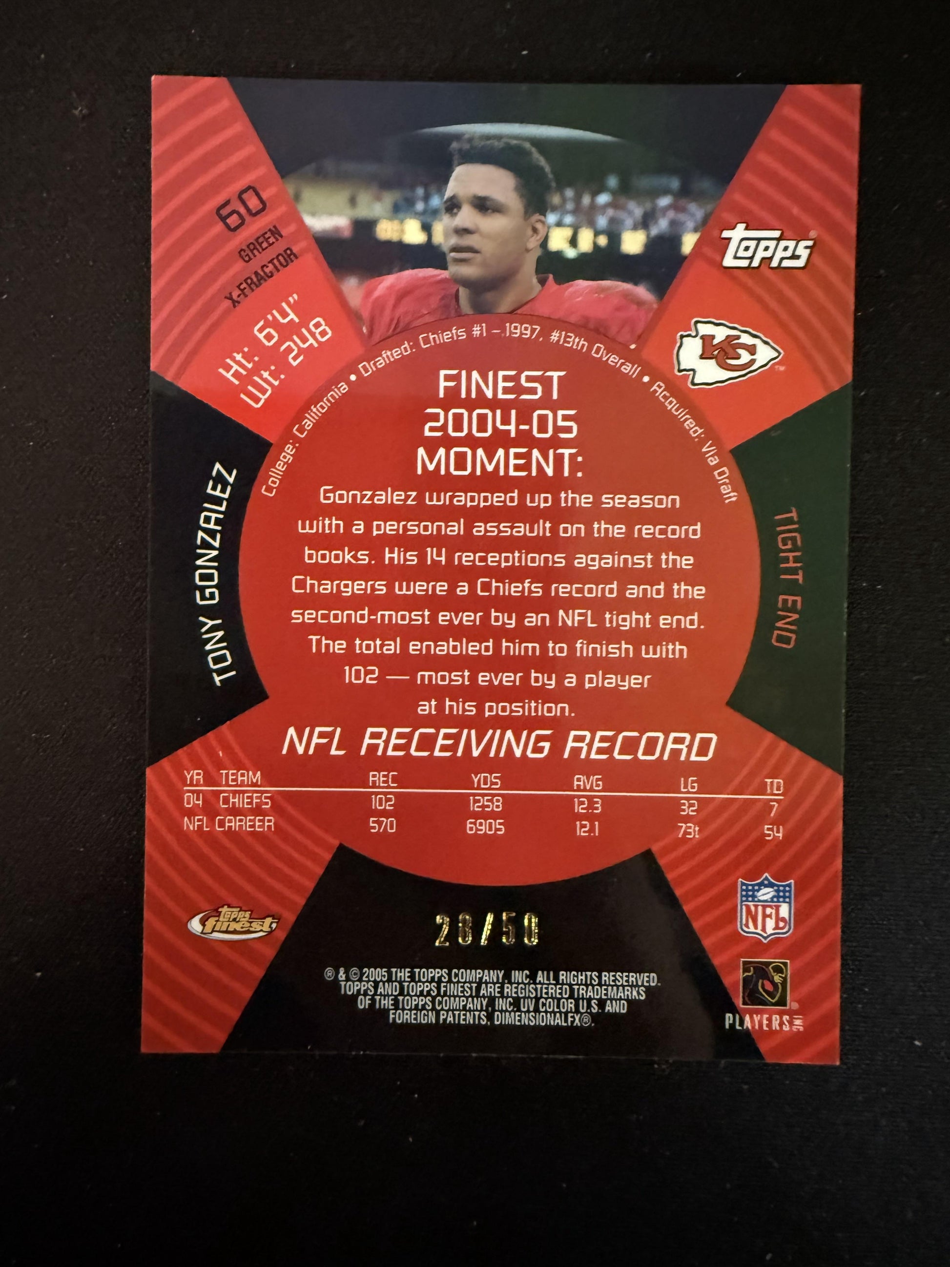 #60 Tony Gonzalez 2005 Finest SN #/50 Kansas City Chiefs sports Green Xfractors