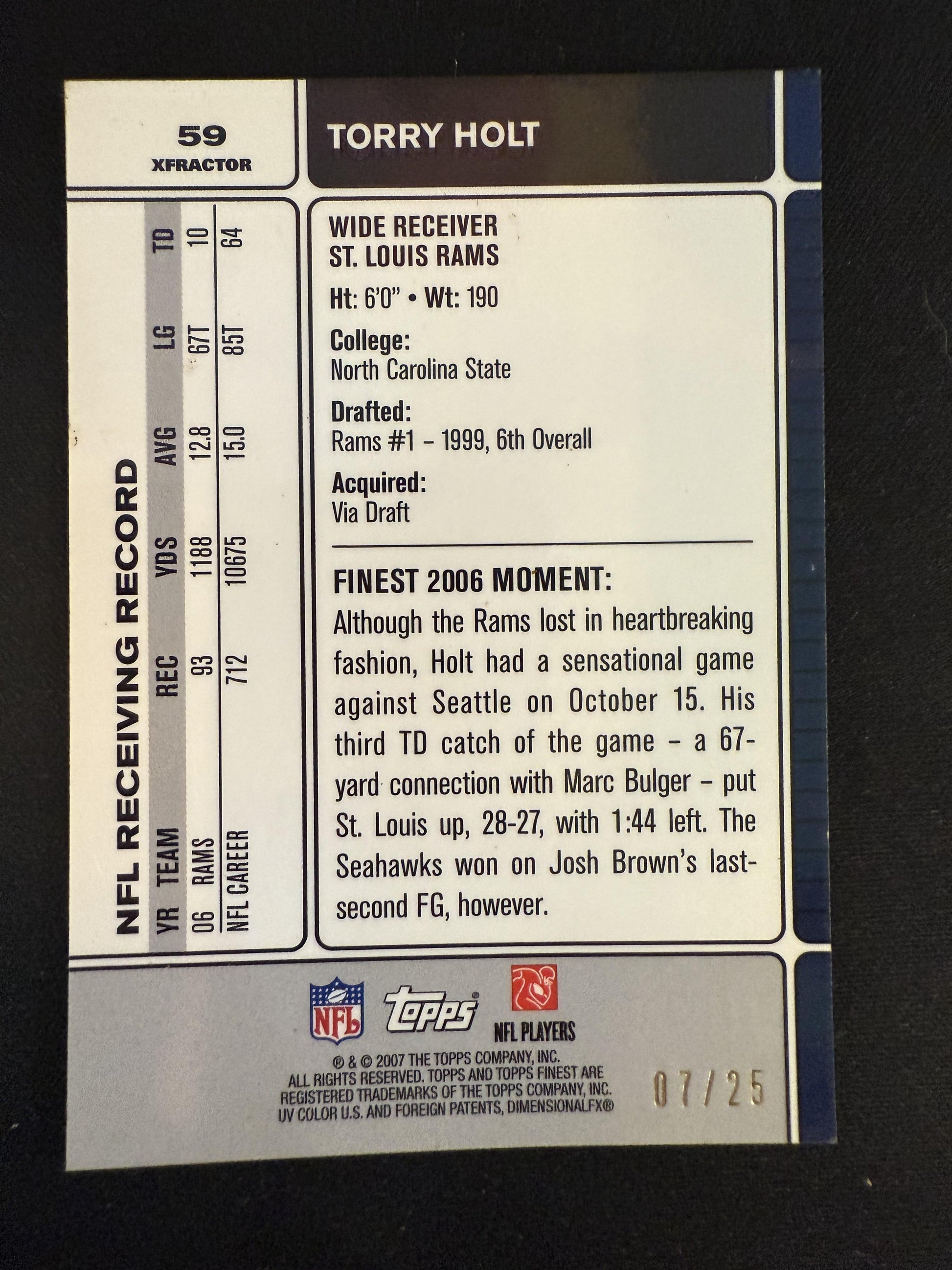 #59 Torry Holt 2007 Finest SN #/25 St. Louis Rams sports Xfractors