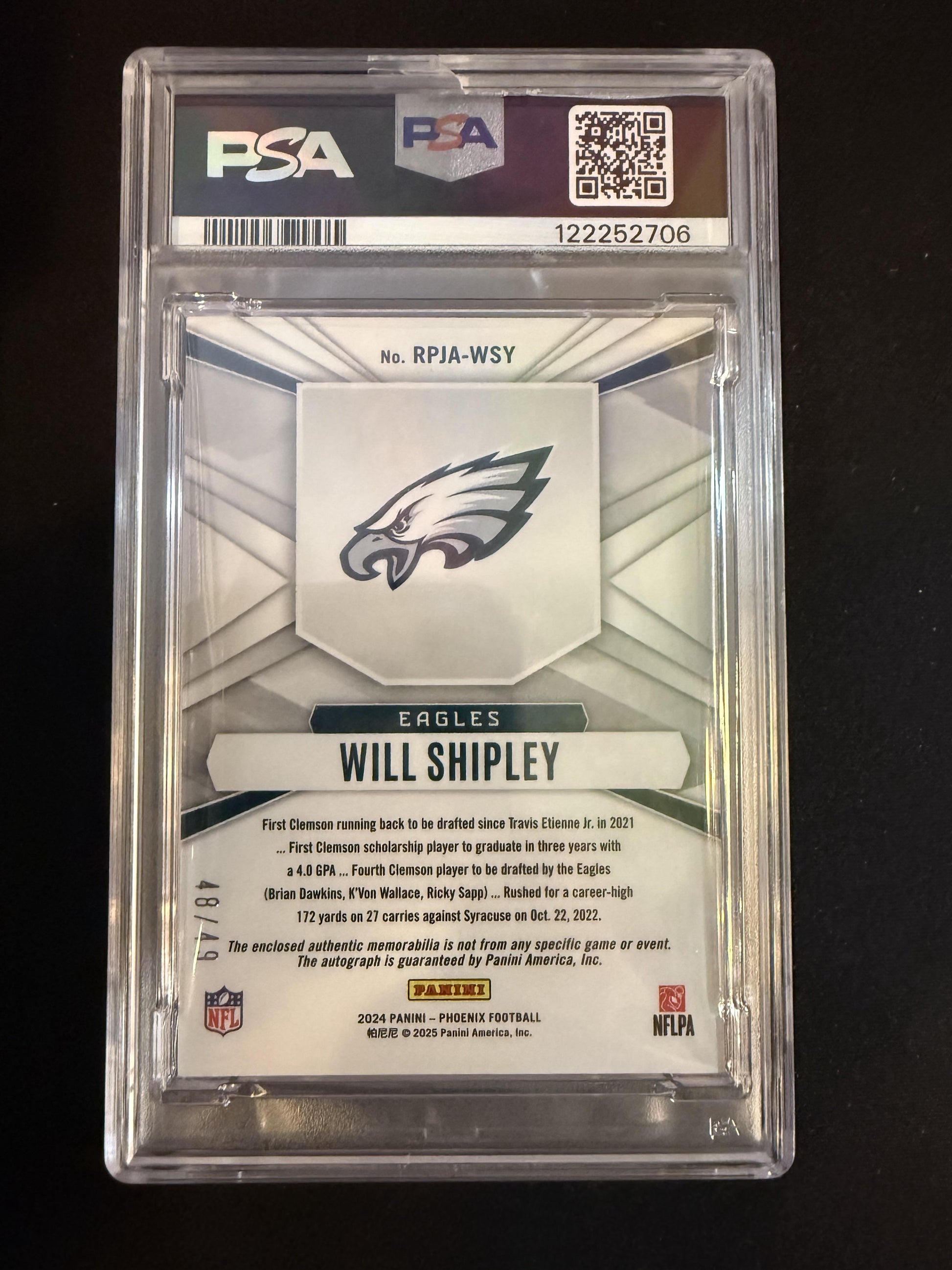 #RPJA-WSY Will Shipley 2024 Panini Phoenix /49 Phenoms Jersey Autographs Blue