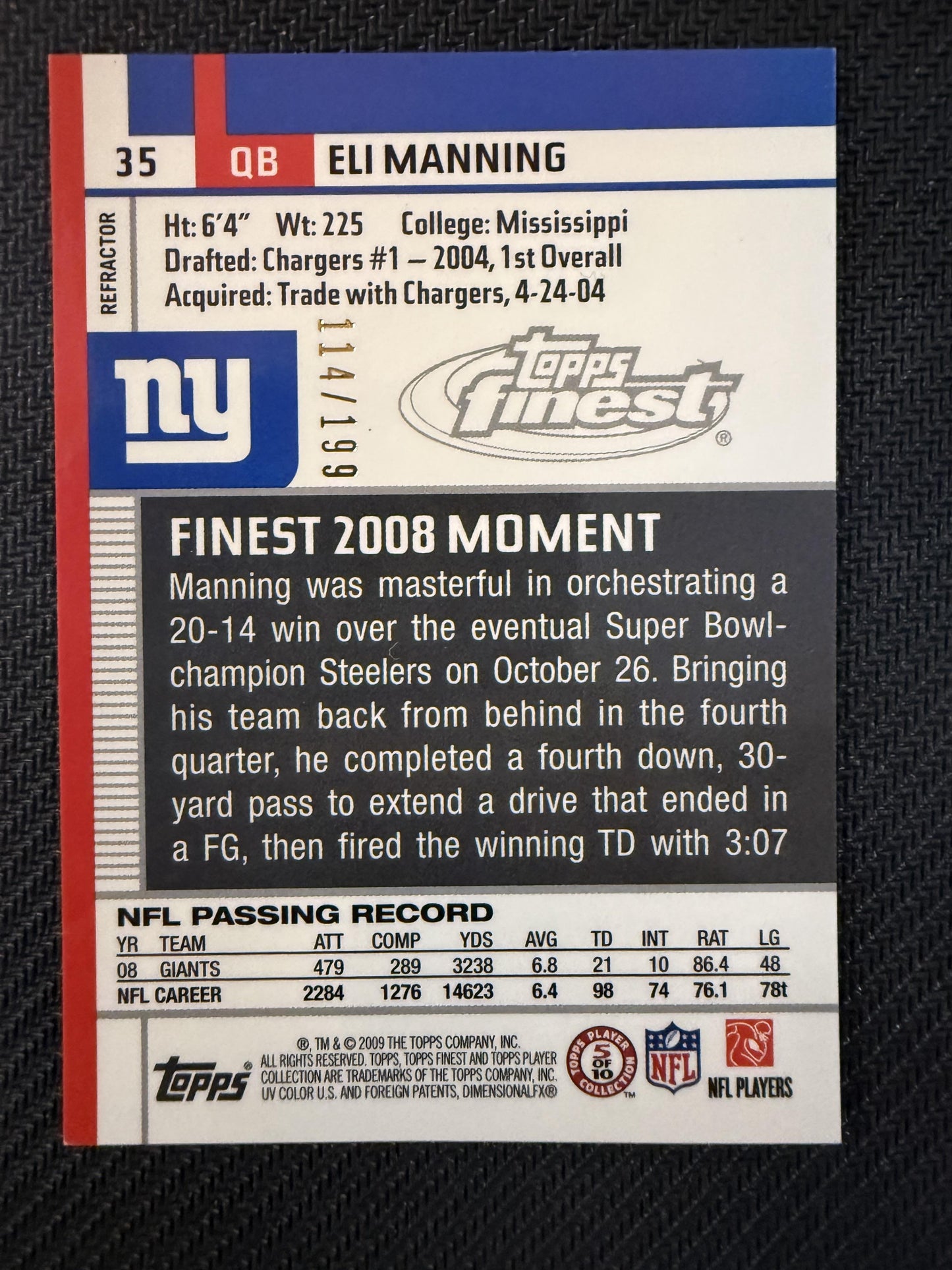 #35 Eli Manning 2009 Finest SN #/199 New York Giants sports Green Refractors