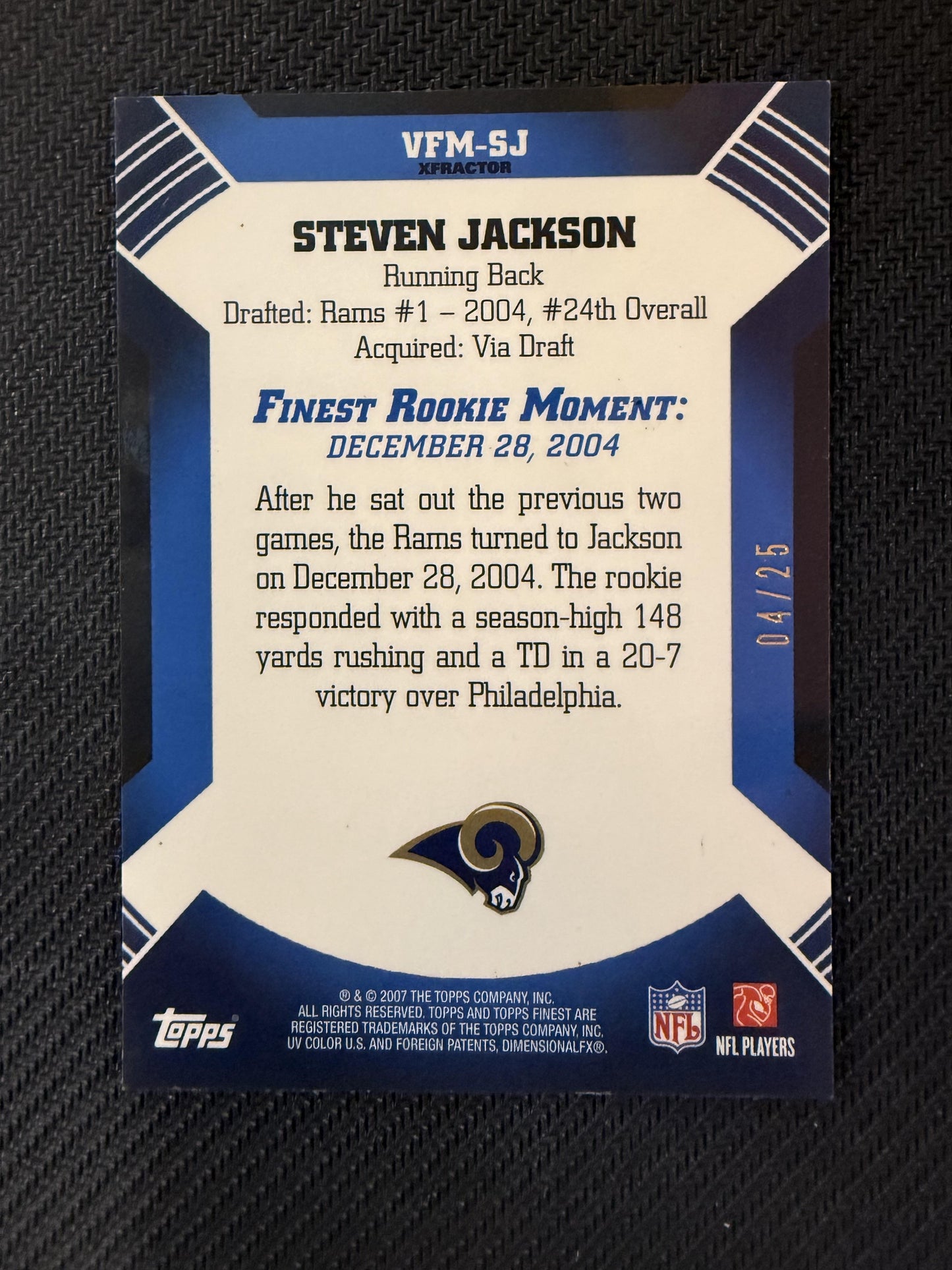 #VFM-SJ Steven Jackson 2007 Finest SN #/25 St. Louis Rams Moments Xfractors
