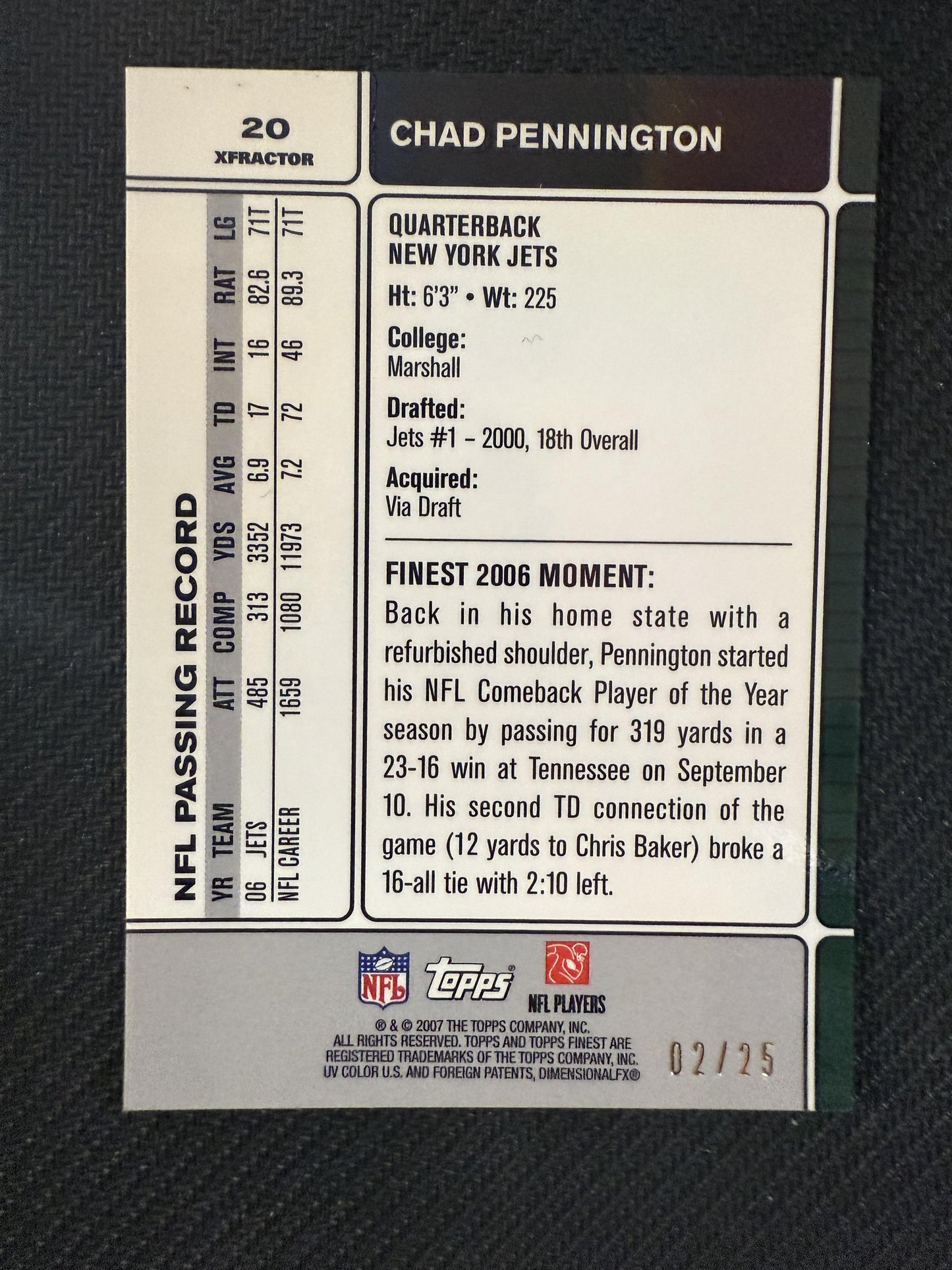 #20 Chad Pennington 2007 Finest SN #/25 New York Jets sports Xfractors