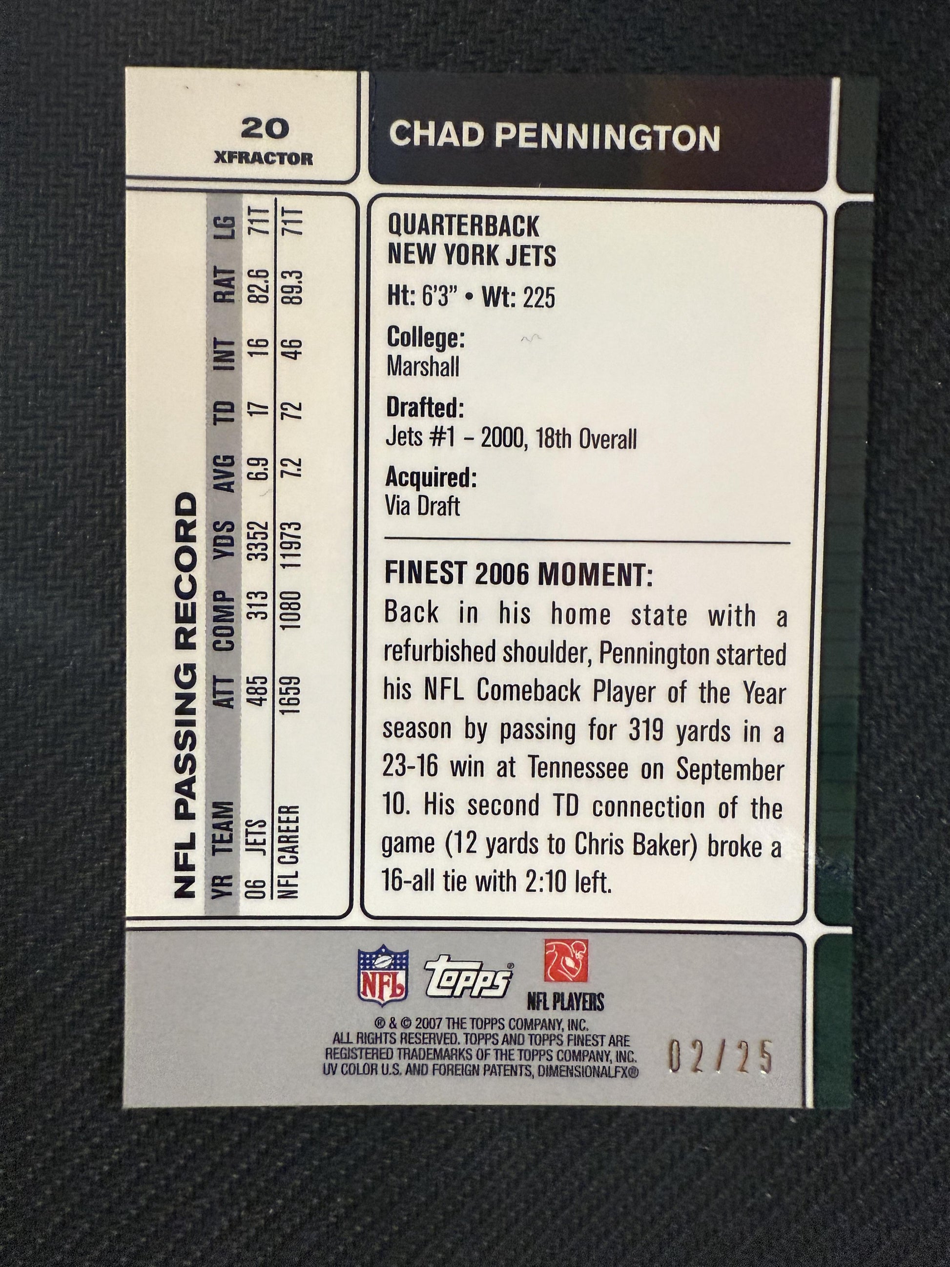 #20 Chad Pennington 2007 Finest SN #/25 New York Jets sports Xfractors