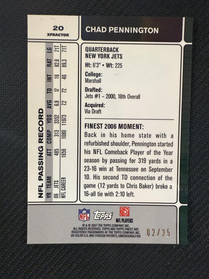 #20 Chad Pennington 2007 Finest SN #/25 New York Jets sports Xfractors