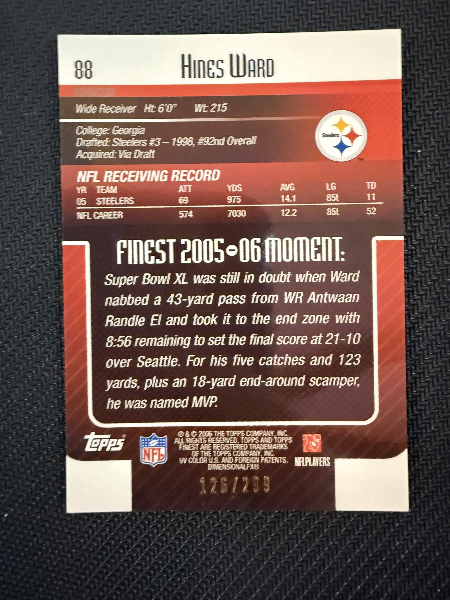 #88 Hines Ward 2006 Finest SN #/299 Pittsburgh Steelers sports Blue Refractors