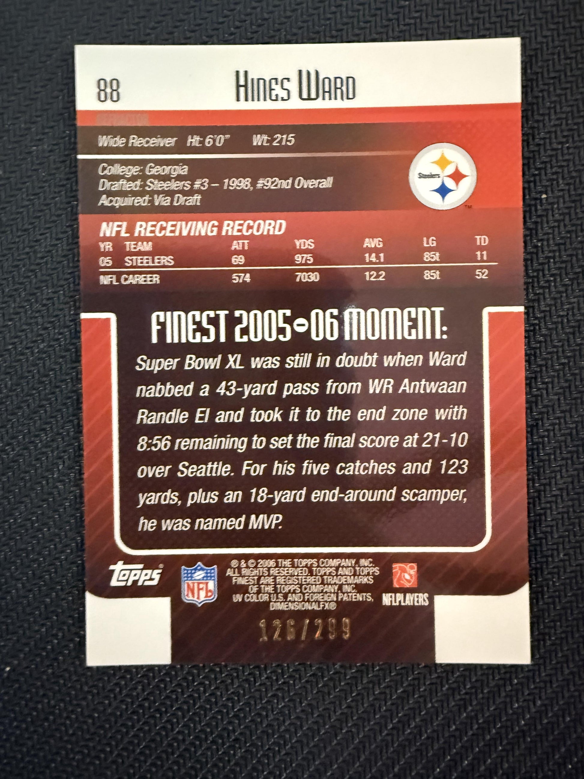 #88 Hines Ward 2006 Finest SN #/299 Pittsburgh Steelers sports Blue Refractors
